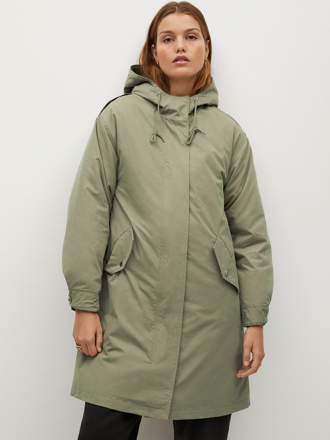 

MANGO Women Olive Green Sustainable Solid Water Repellent Hooded Longline Padded Jacket
