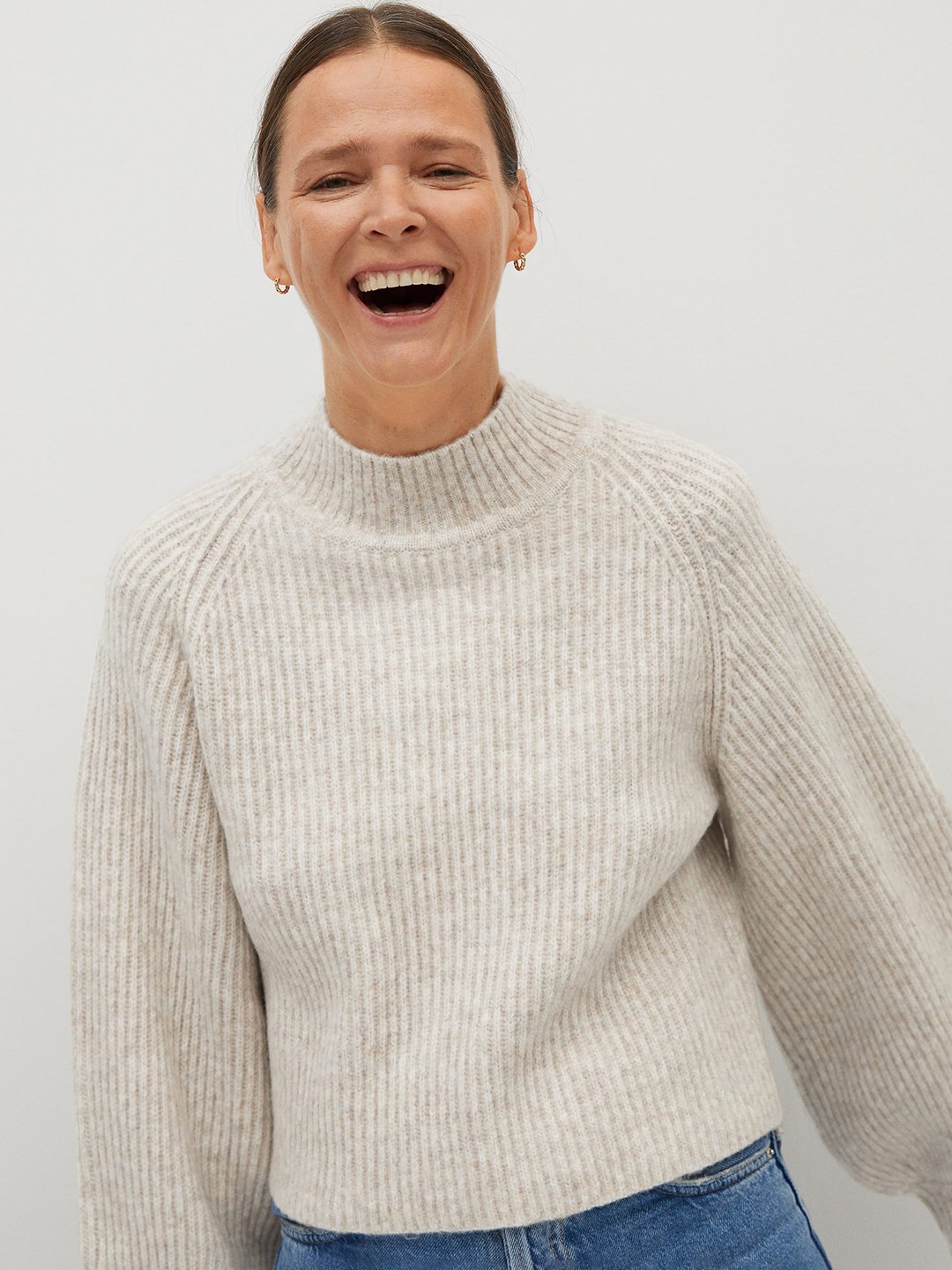 

MANGO Women Grey Melange Sustainable Ribbed Pullover