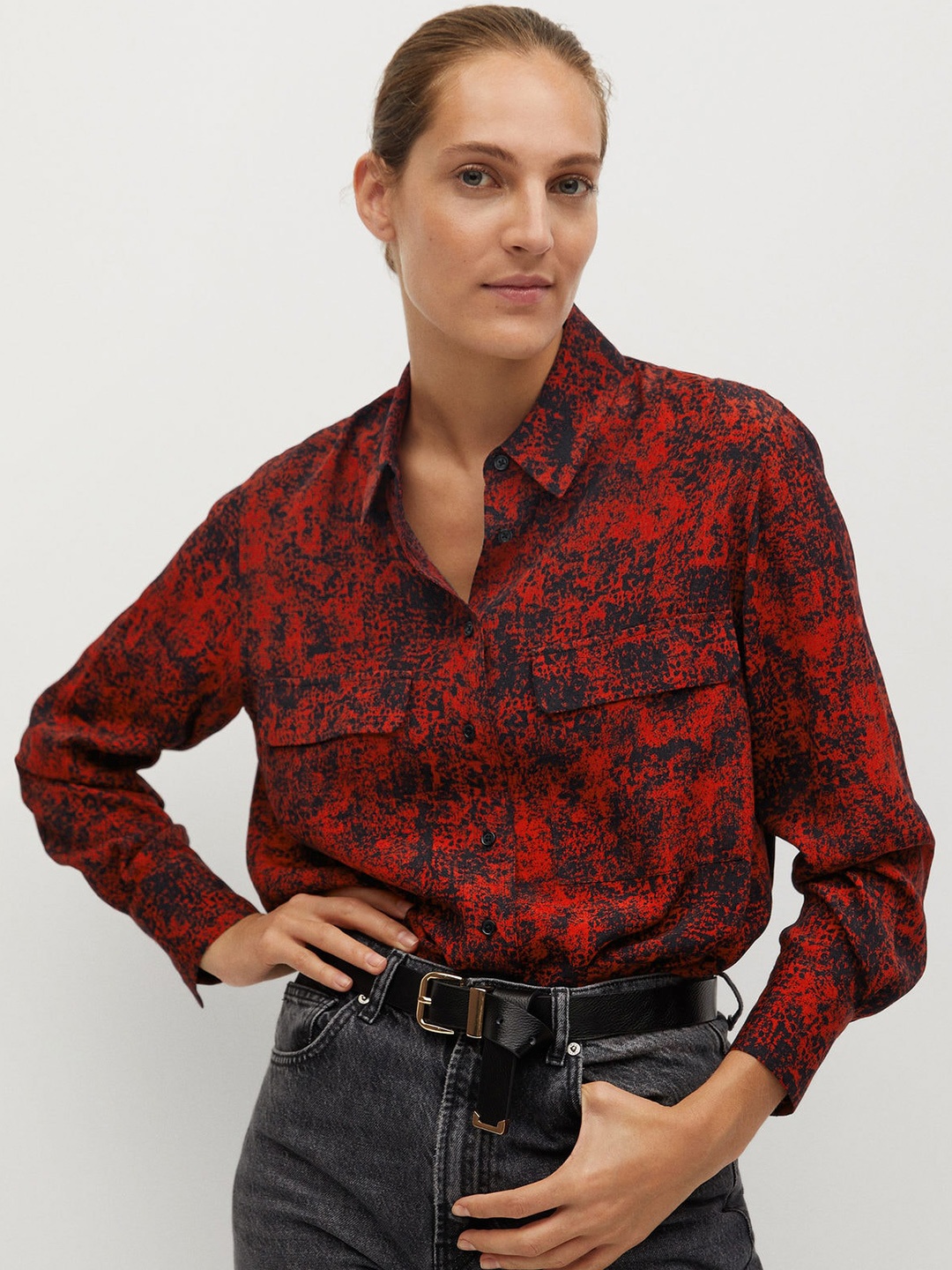 

MANGO Women Red & Black Printed Regular Fit Casual Shirt