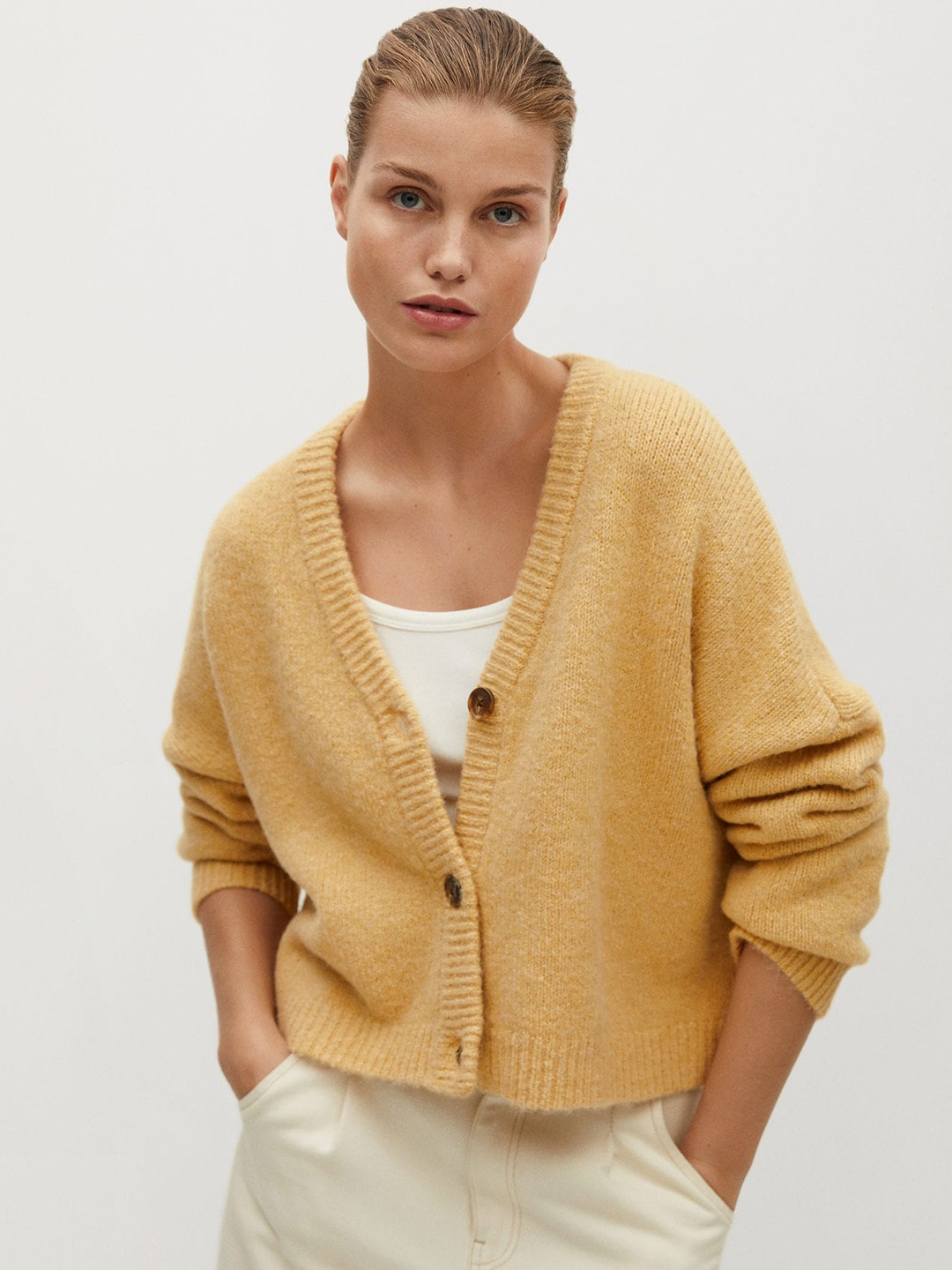 

MANGO Women Yellow Solid Cardigan
