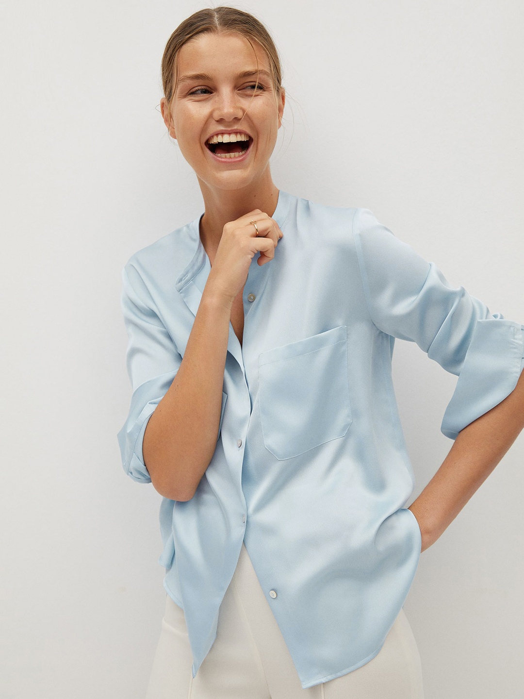 

MANGO Women Blue Solid Regular Fit Casual Shirt with Satin Finish