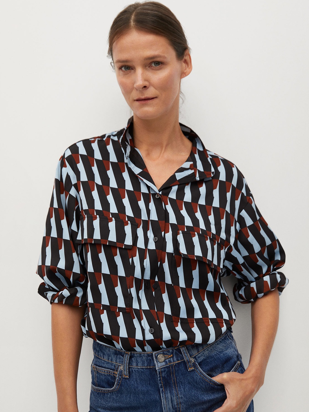 

MANGO Women Blue & Black Regular Fit Printed Casual Shirt