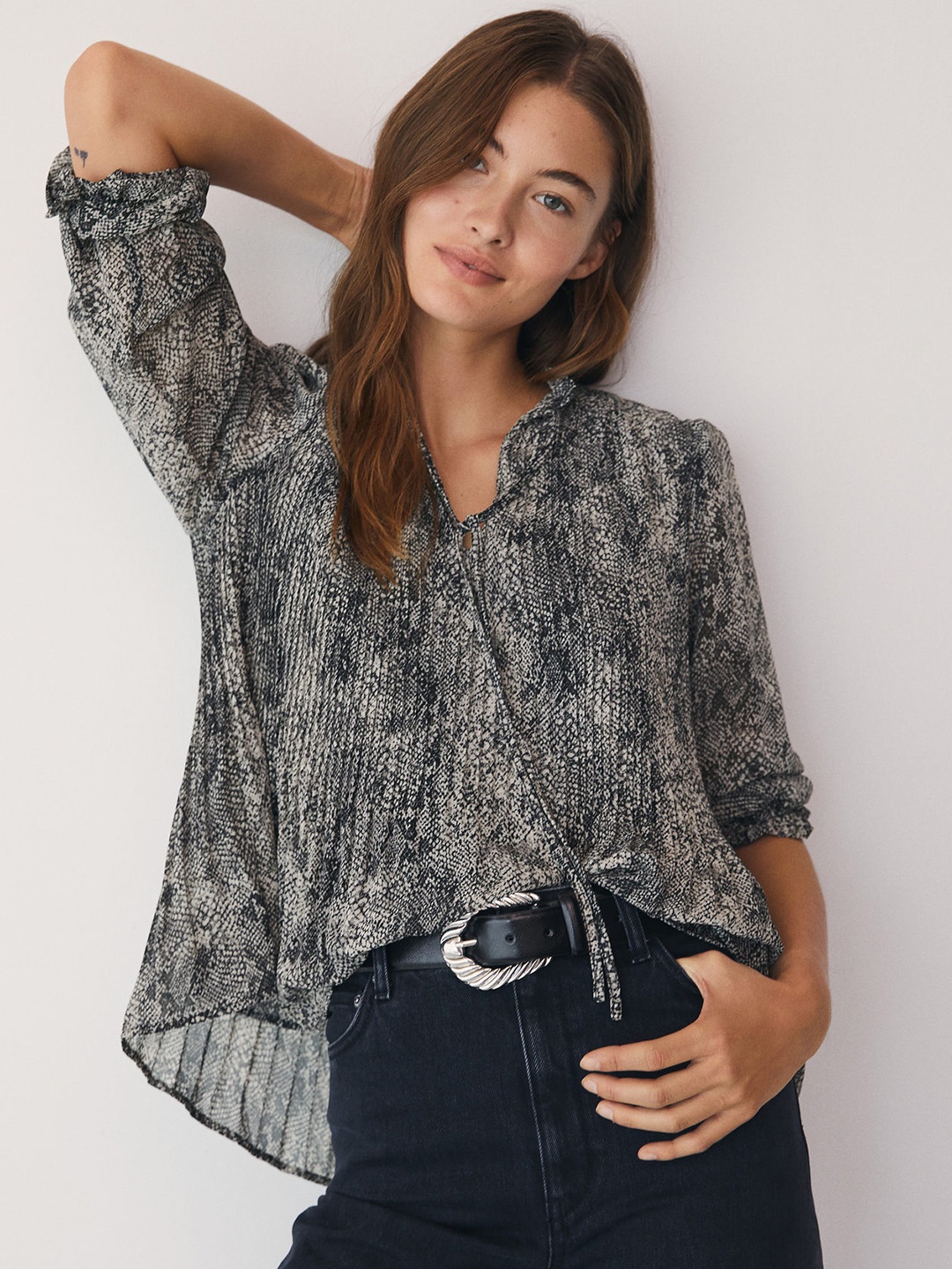 

MANGO Women Grey & Black Sustainable Snakeskin Print Top