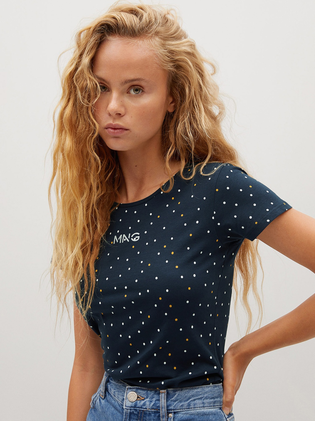 

MANGO Women Navy Blue & White Polka Dot Print Sustainable Round Neck T-shirt