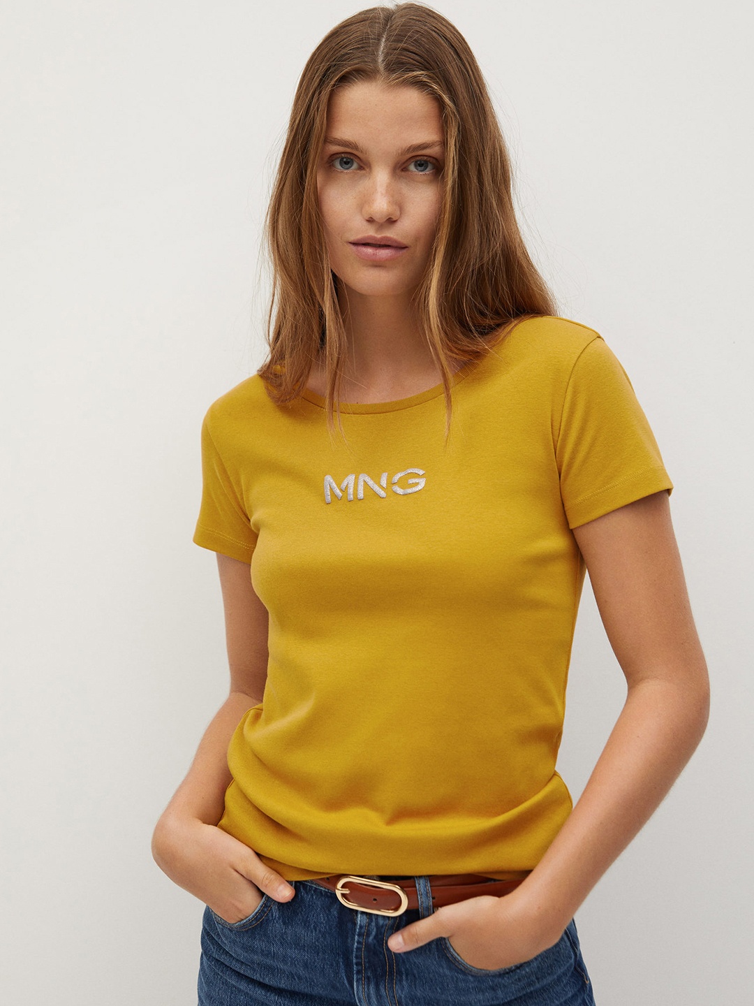 

MANGO Women Mustard Yellow Solid Sustainable Round Neck T-shirt