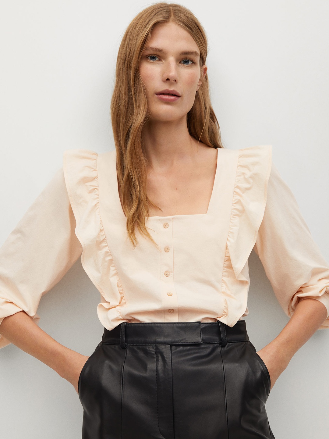 

MANGO Women Peach-Coloured Ruffled Detail Top