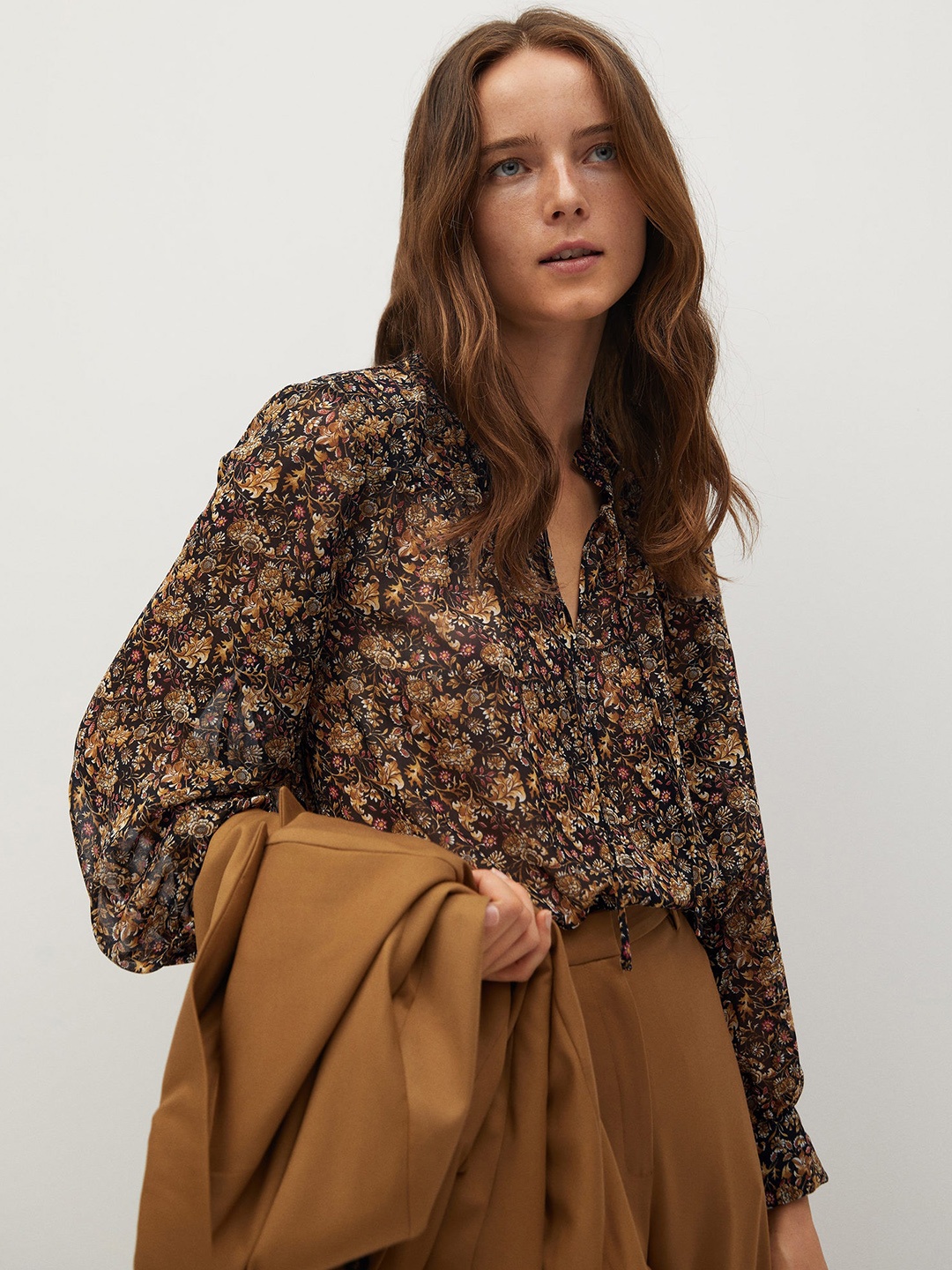 

MANGO Women Black & Yellow Floral Print Top