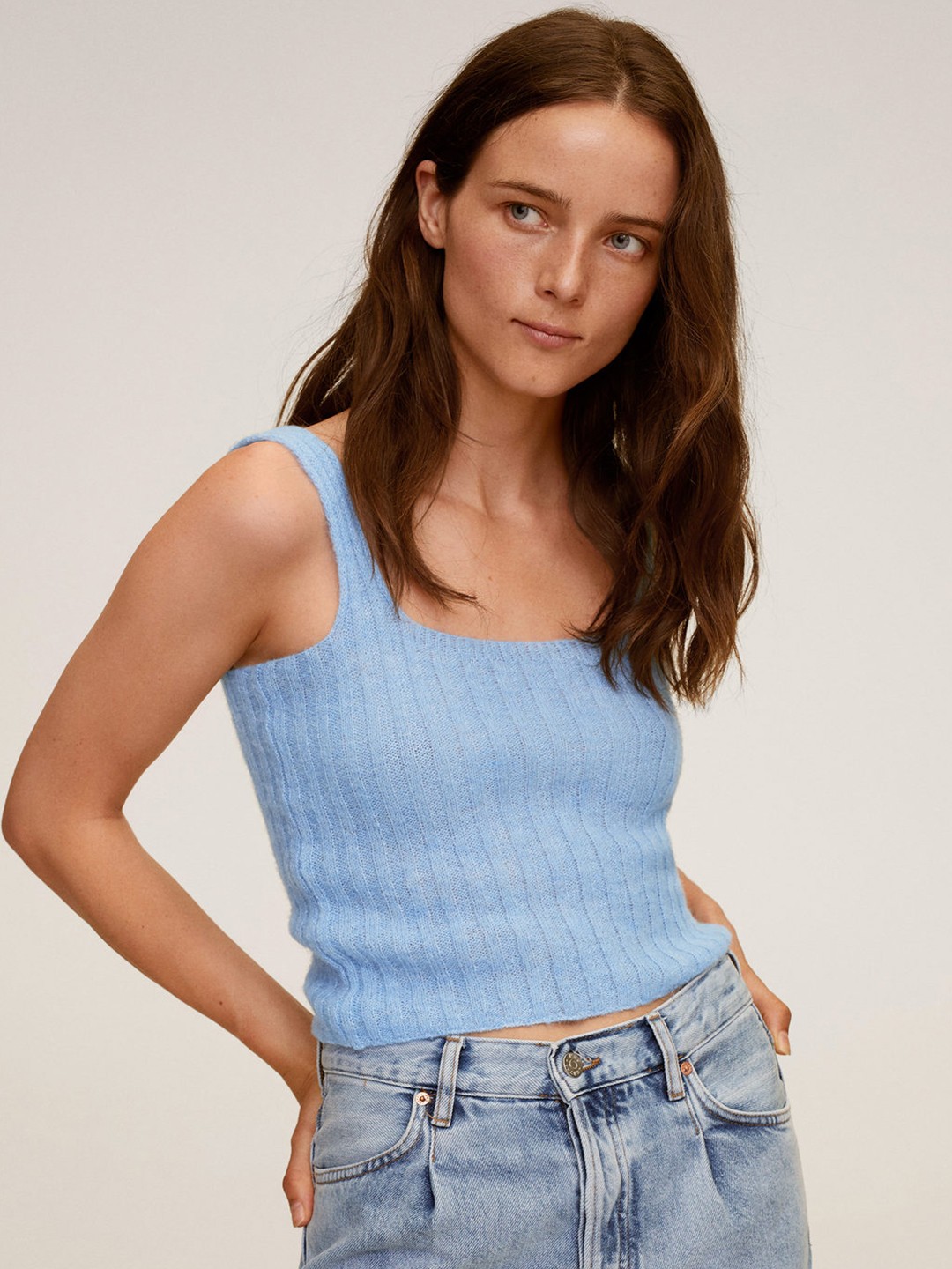 

MANGO Women Blue Ribbed Fitted Top