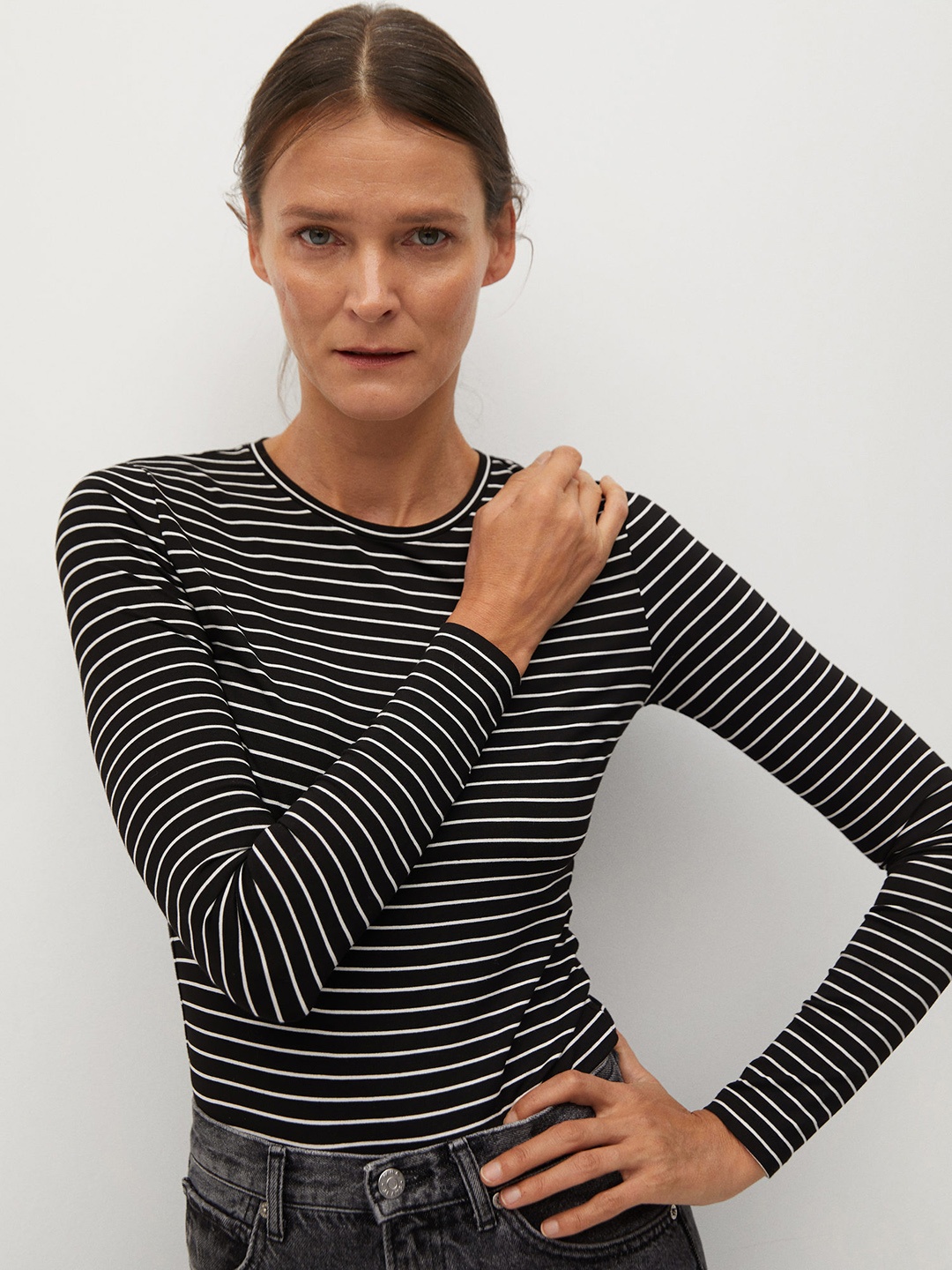 

MANGO Women Black & White Striped Round Neck T-shirt