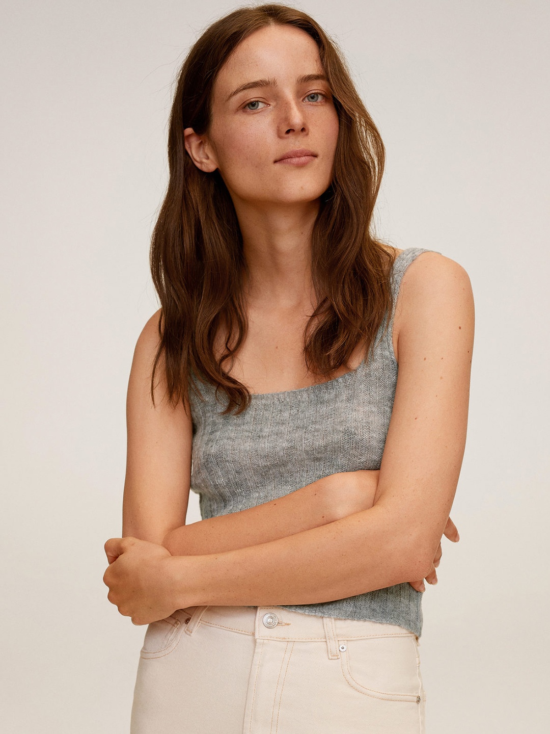 

MANGO Women Grey Melange Ribbed Fitted Top
