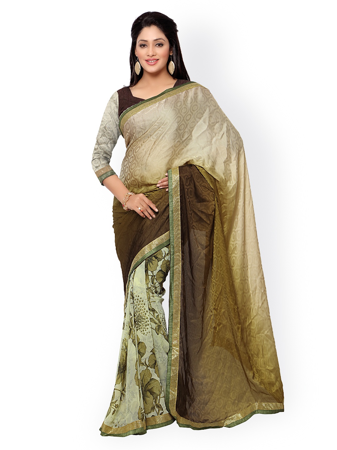 

Kalista Beige & Olive Green Georgette Printed Saree