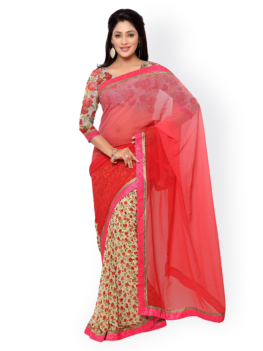 

Kalista Pink & Beige Georgette Floral Print Saree