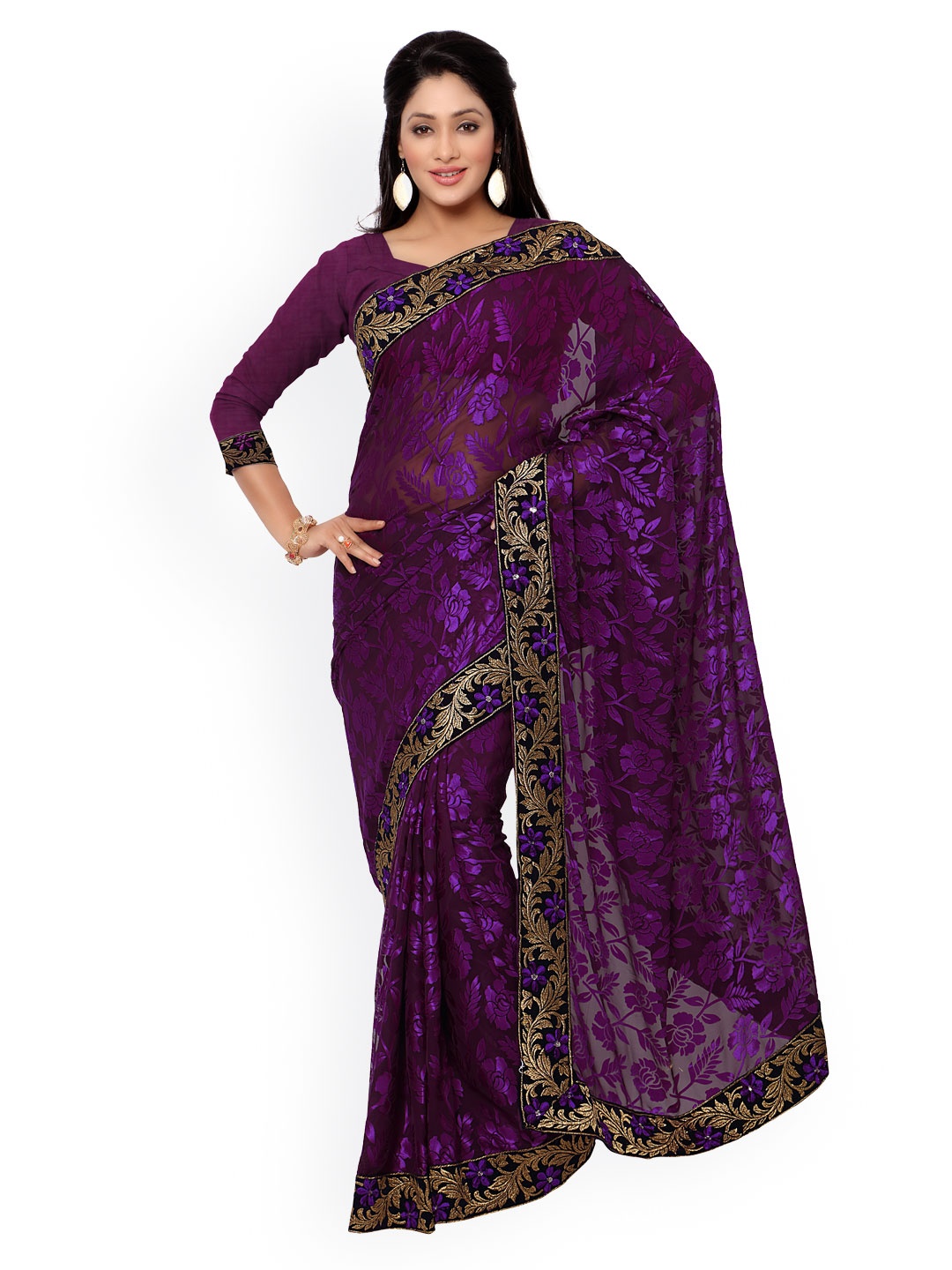 

Kalista Violet Brasso Embellished Saree, Purple