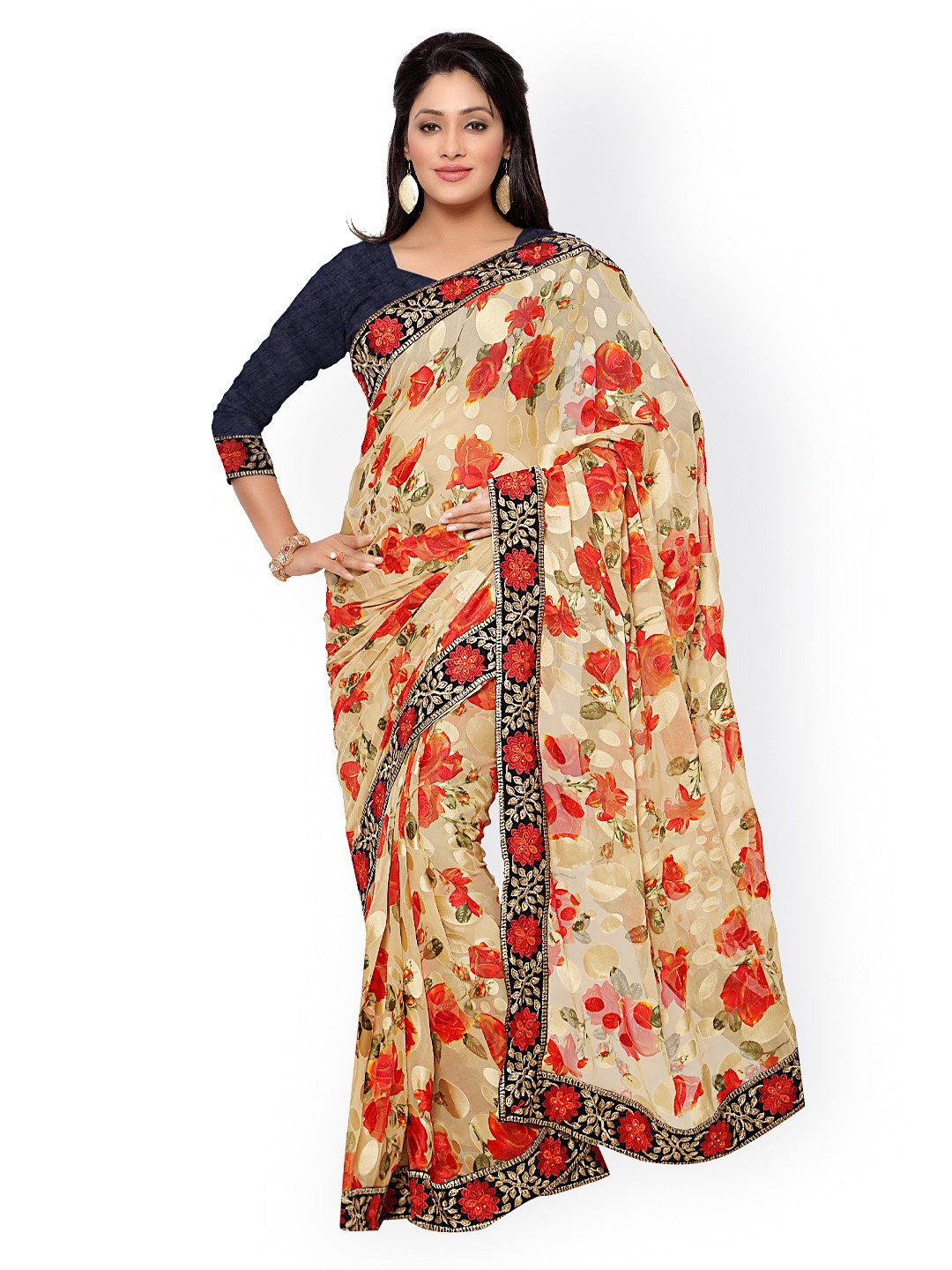 

Kalista Beige & Orange Brasso Floral Print Saree