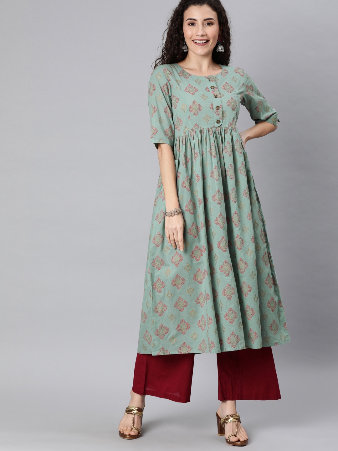 

AHIKA Women Teal Green & Maroon Printed A-Line Kurta with Pockets