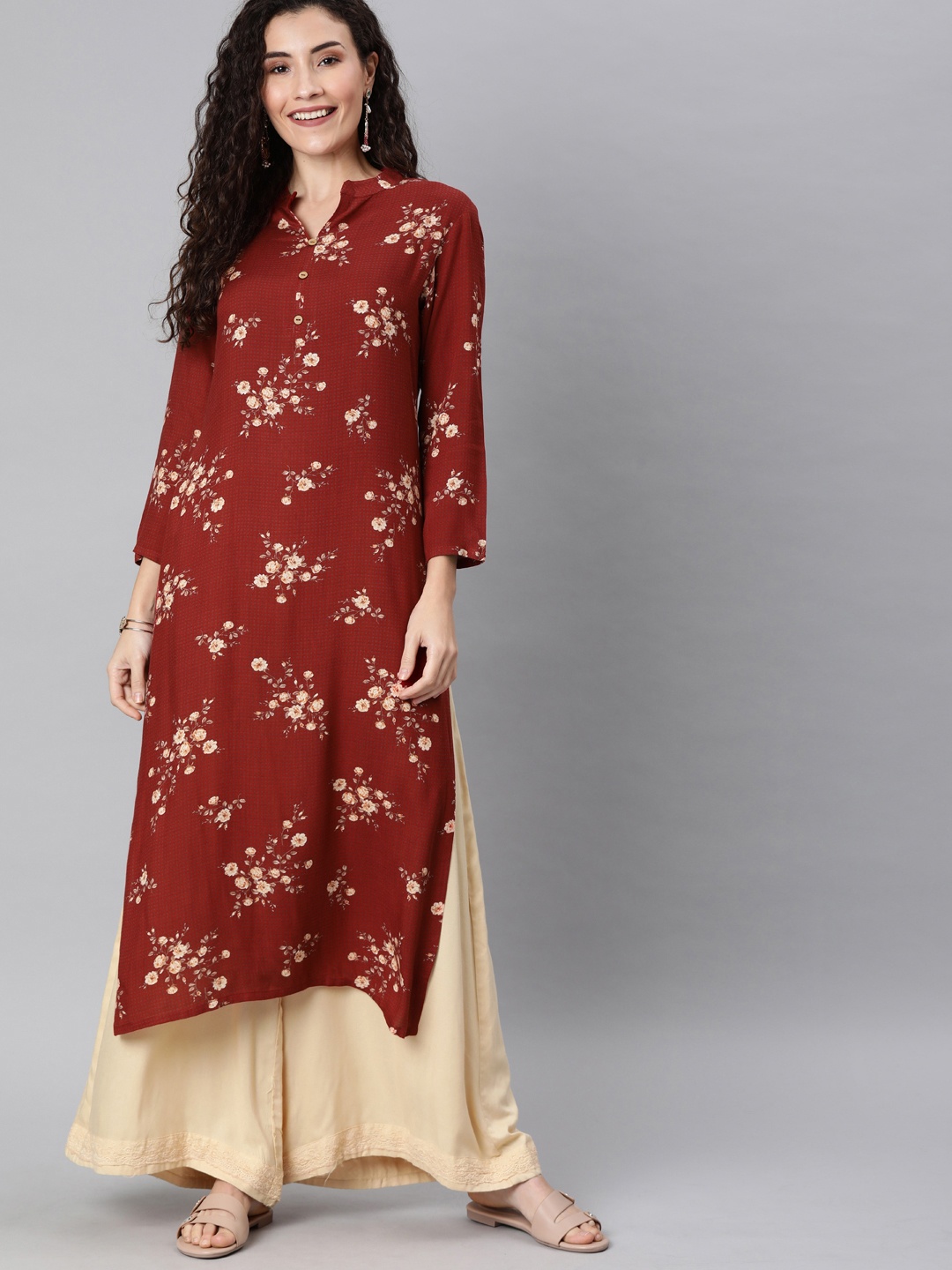 

AHIKA Women Maroon & Pink Printed Straight Kurta