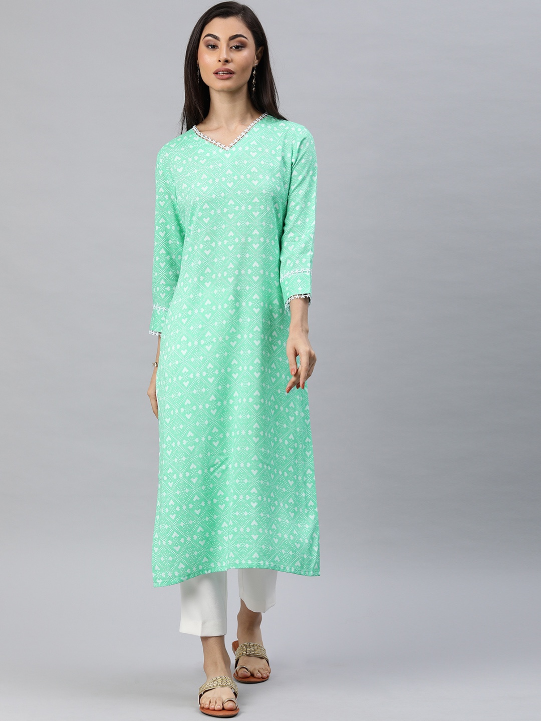 

AHIKA Women Green & White Printed A-Line Kurta