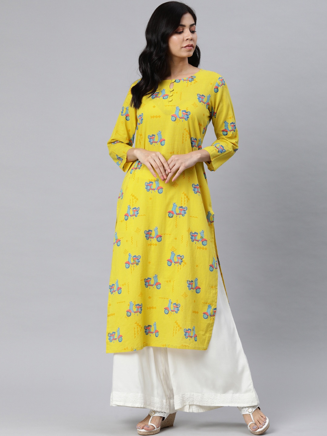 

AHIKA Women Yellow Conversational Printed Straight Kurta