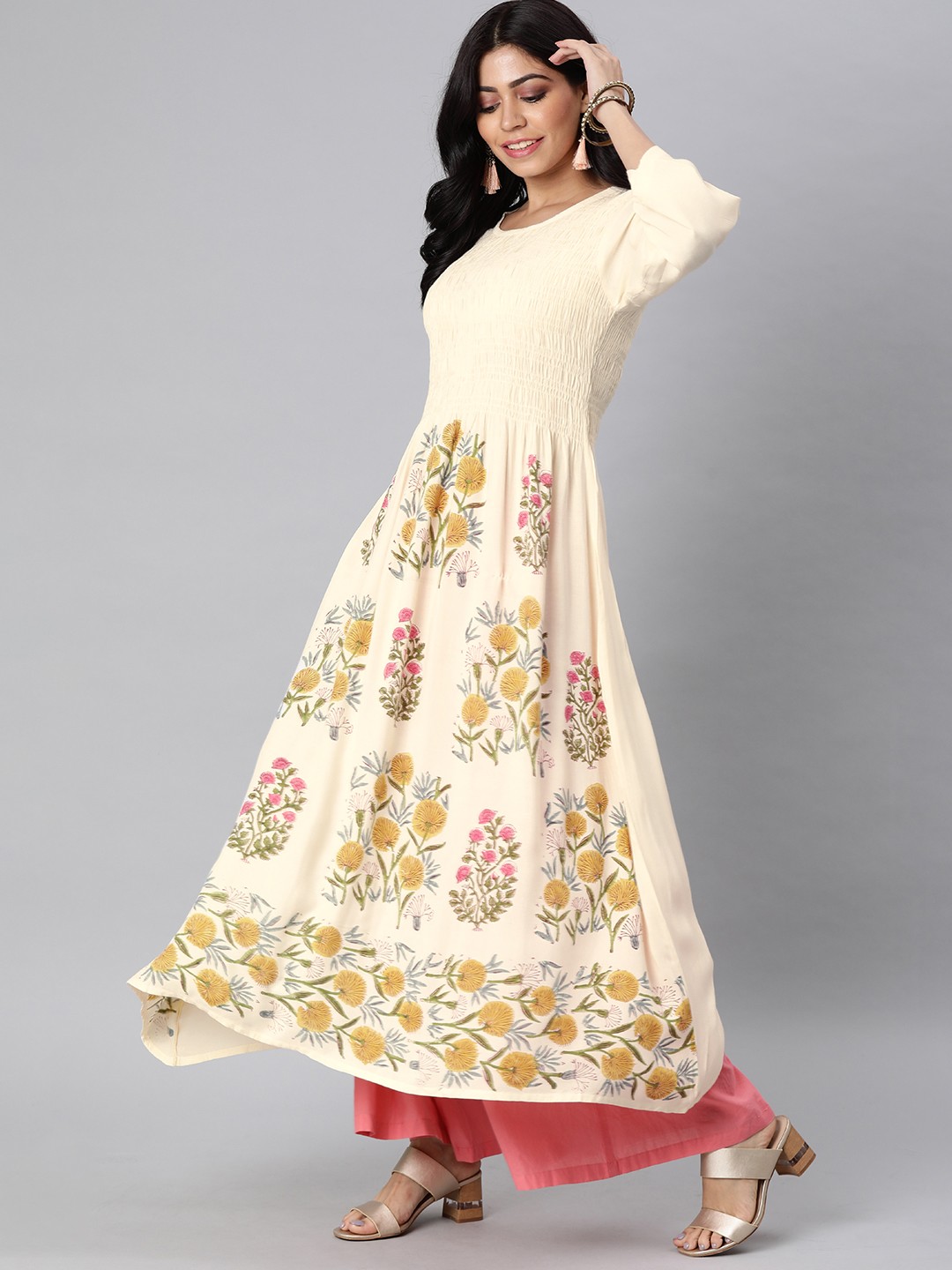 

AHIKA Women Cream-Coloured & Mustard Yellow Floral Printed Smocked A-Line Kurta