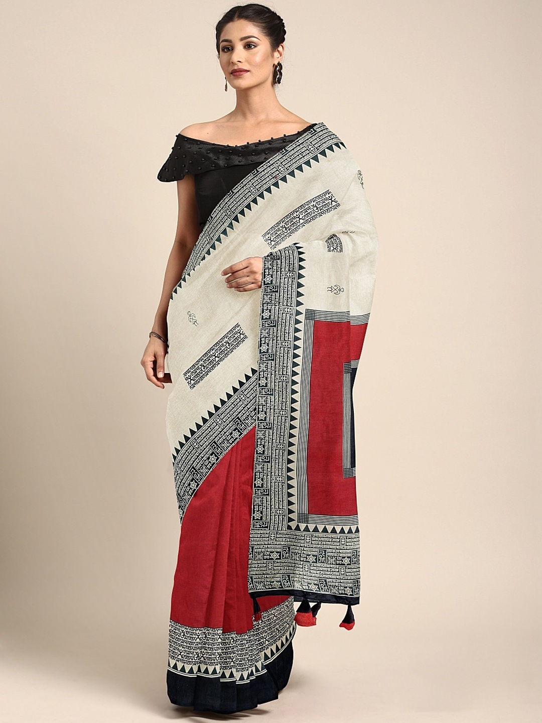 

KALINI Off-White & Red Art Silk Printed Saree