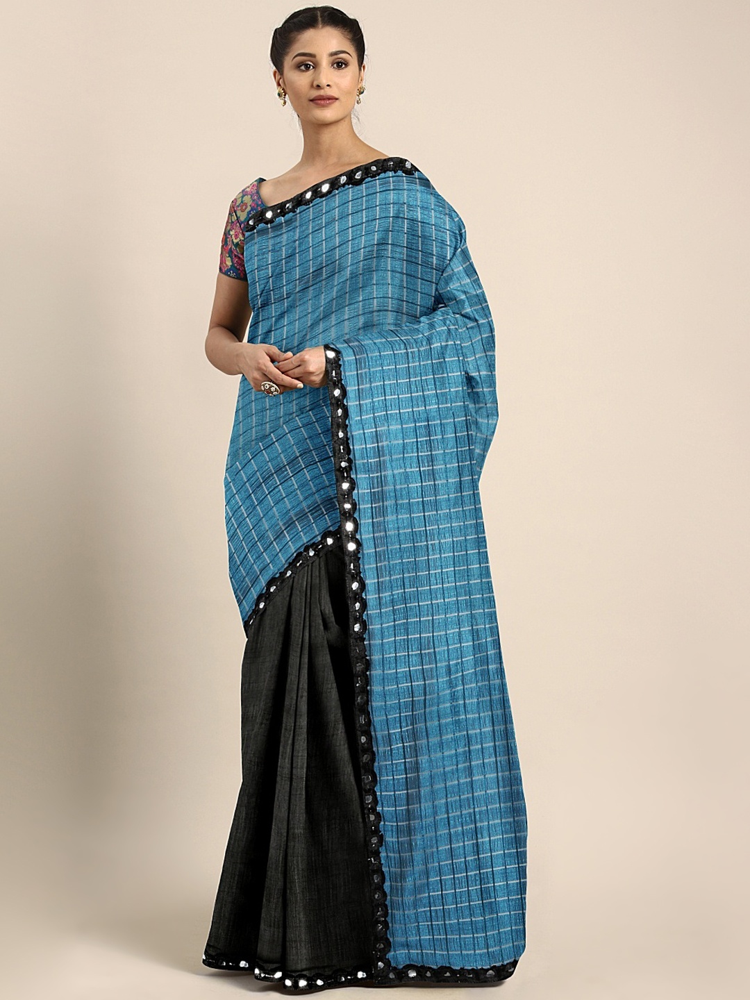 

KALINI Blue & Black Silk Blend Checked Mysore Silk Half & Half Saree