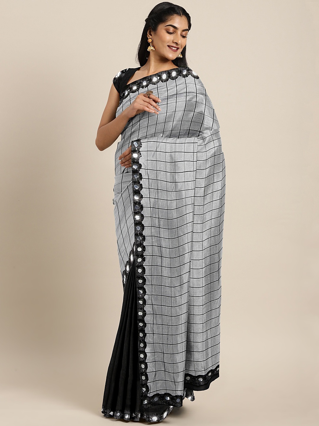 

KALINI Grey & Black Silk Blend Checked Mysore Silk Half & Half Saree