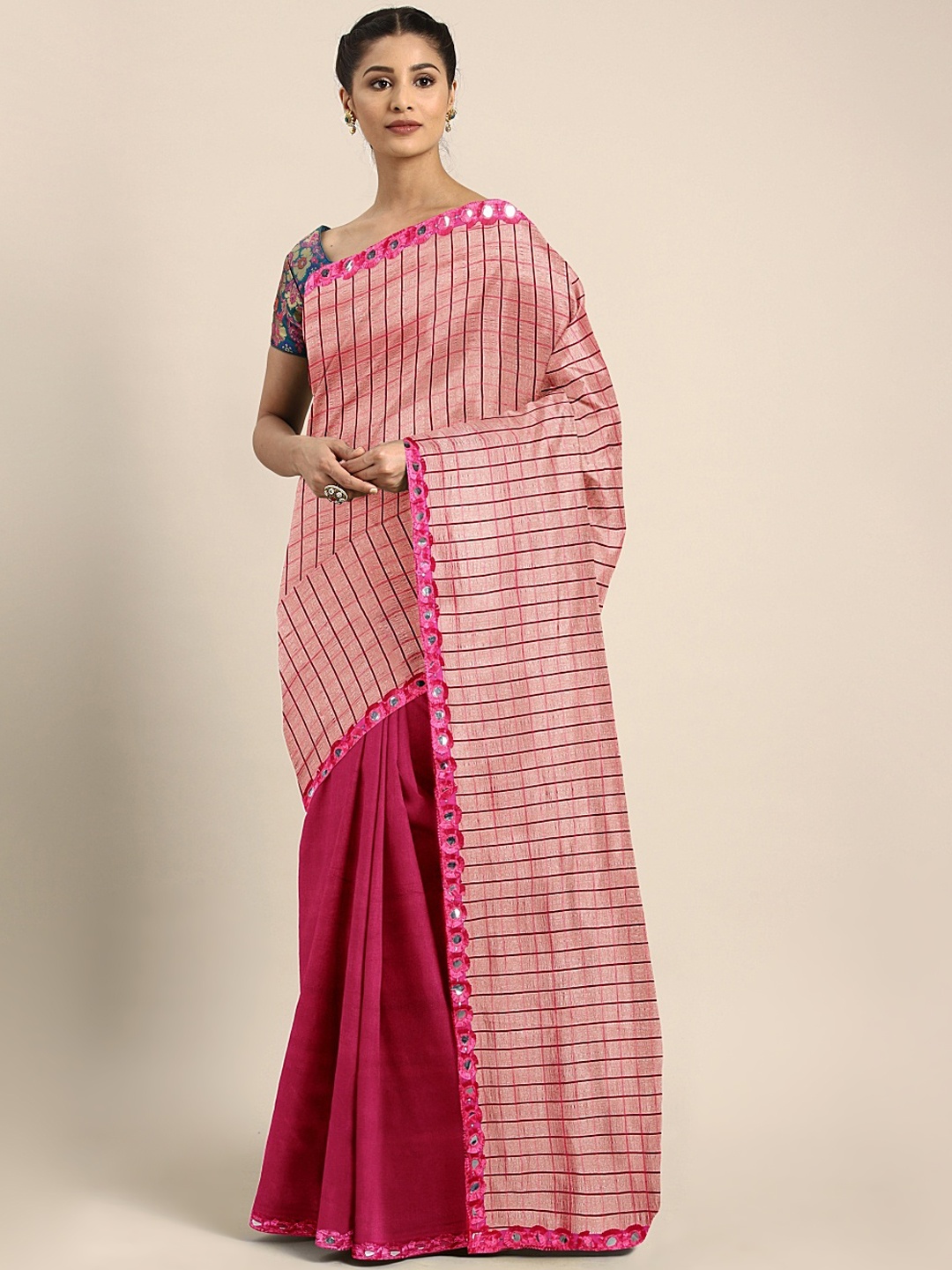 

KALINI Pink Silk Blend Checked Mysore Silk Half & Half Saree