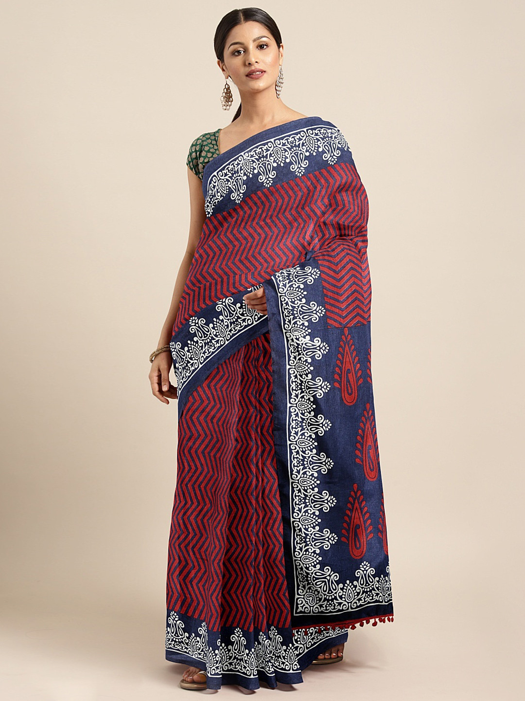 

KALINI Red & Navy Blue Silk Cotton Printed Ikat Saree