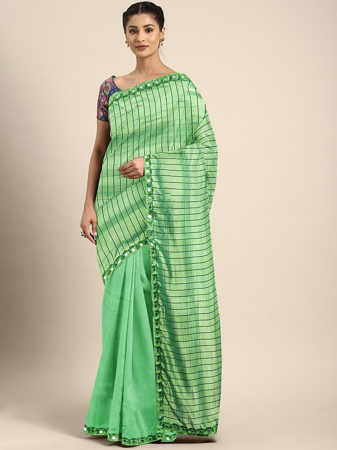 

KALINI Sea Green Silk Blend Checked Mysore Silk Half & Half Saree