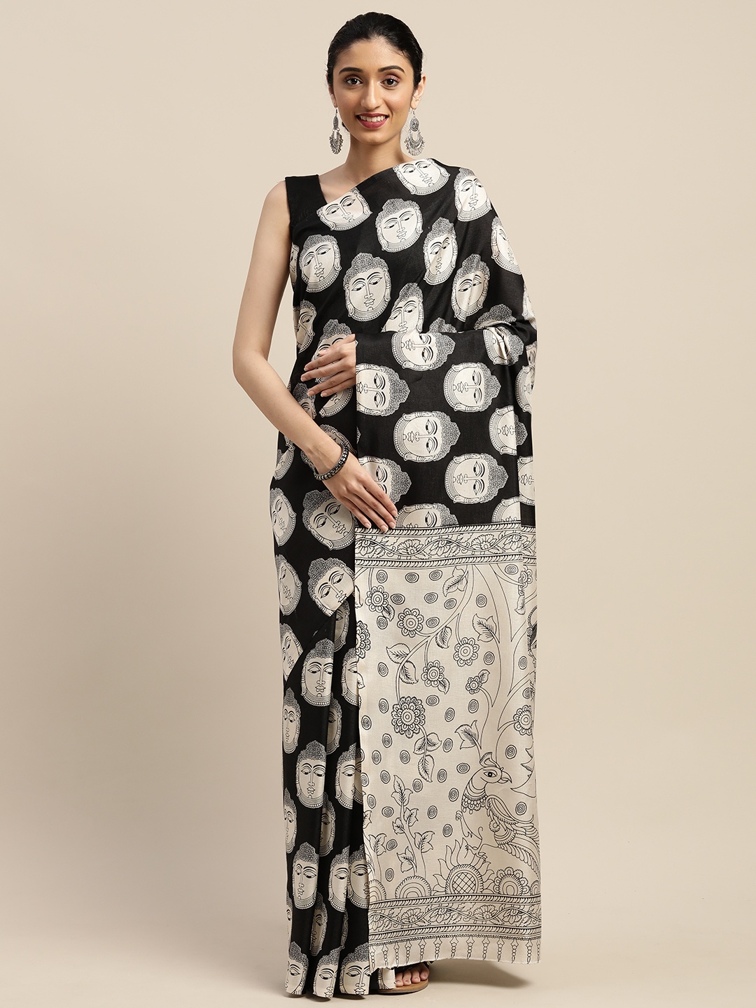 

KALINI Black & Off-White Silk Cotton Printed Khadi Saree