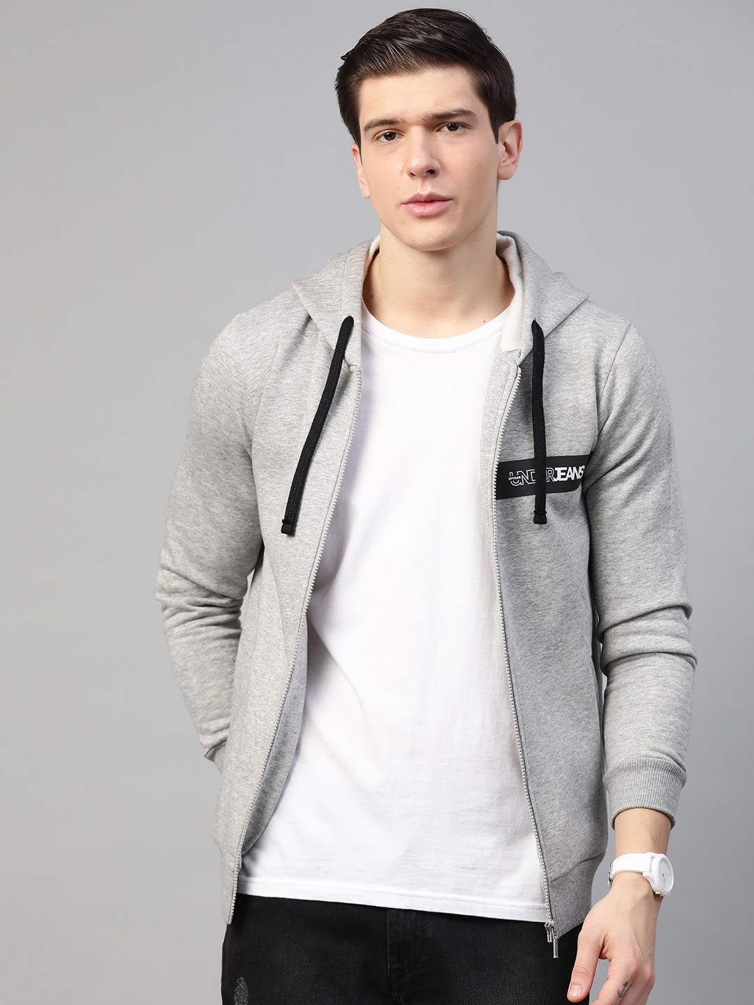 

UnderJeans by Spykar Men Grey Melange Solid Hooded Sweatshirt