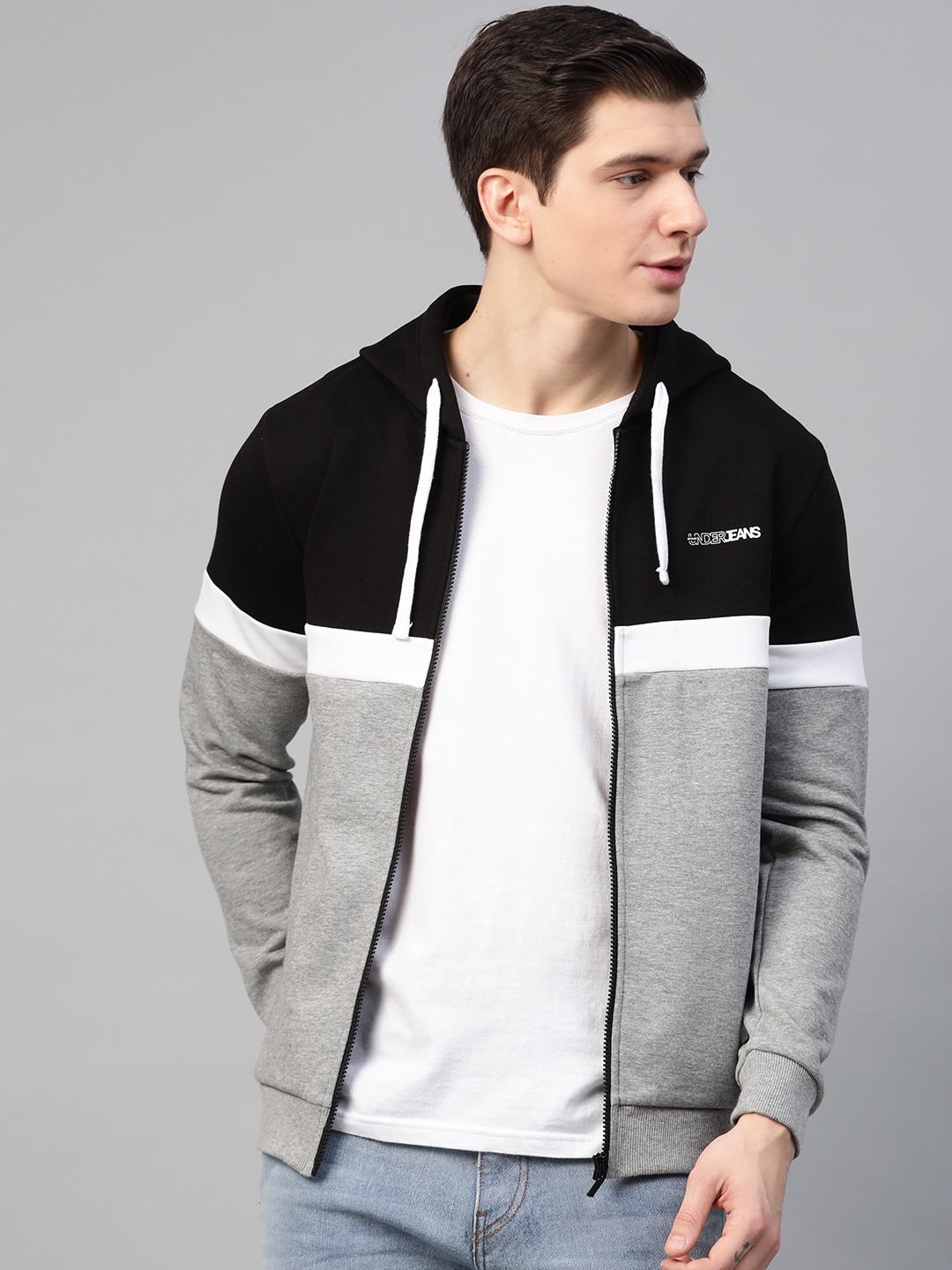 

UnderJeans by Spykar Men Grey Melange & Black Colourblocked Hooded Sweatshirt