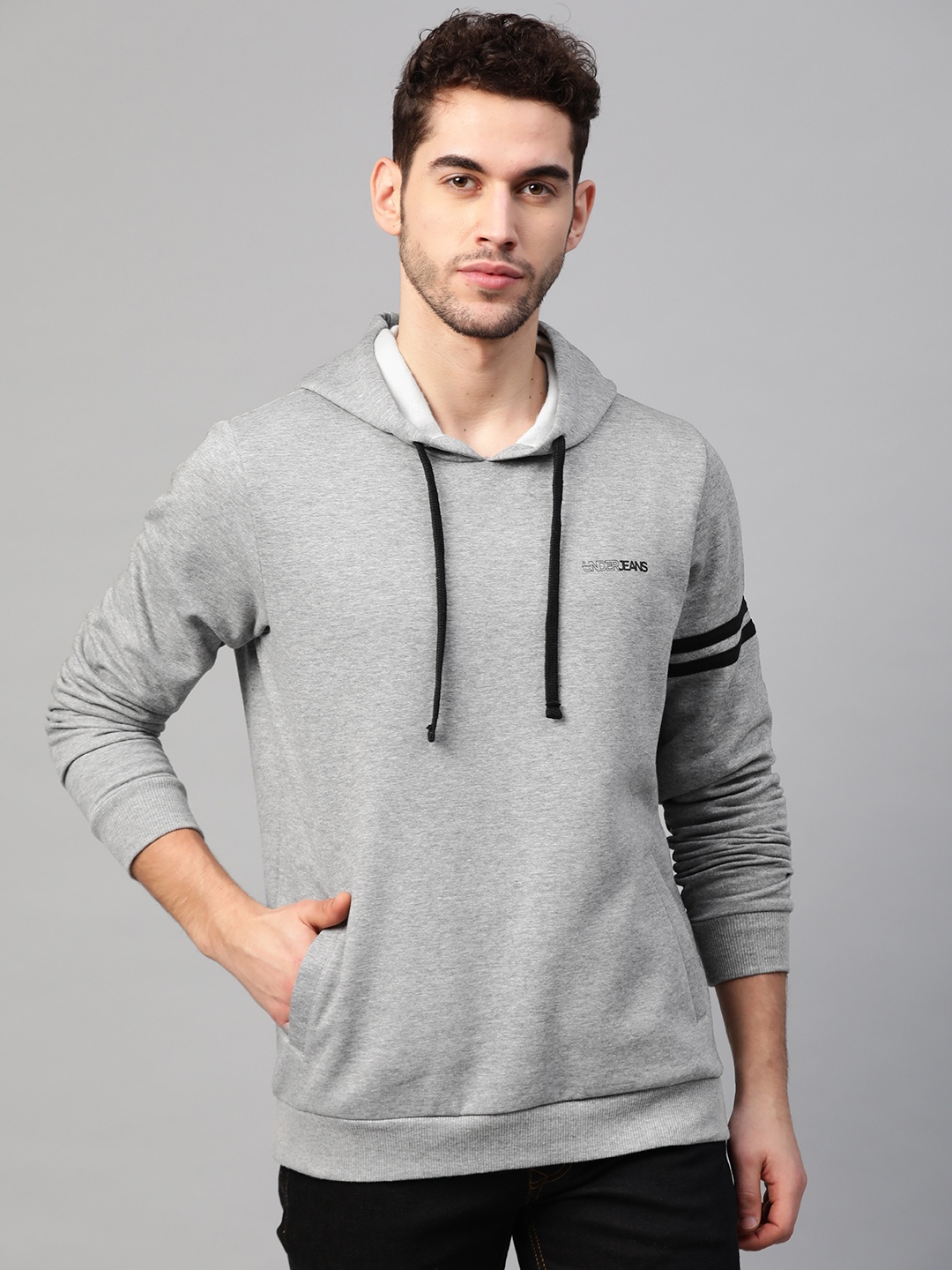 

UnderJeans by Spykar Men Grey Melange Solid Hooded Sweatshirt
