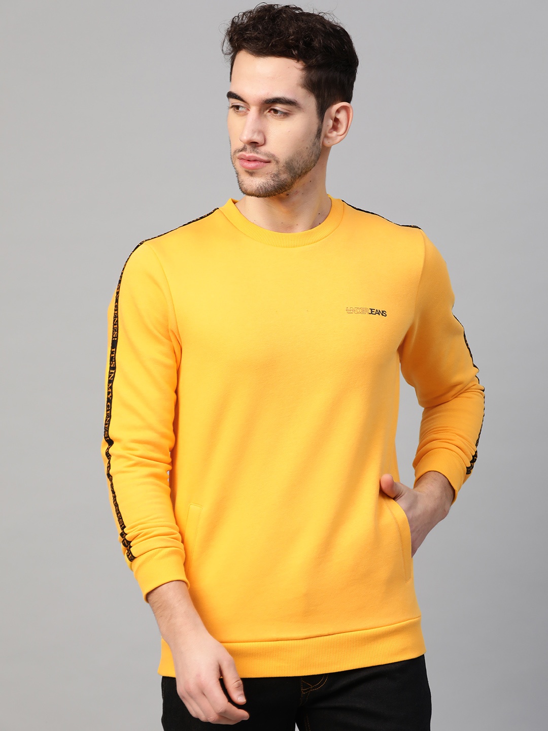

UnderJeans by Spykar Men Yellow Solid Sweatshirt with Side Taping