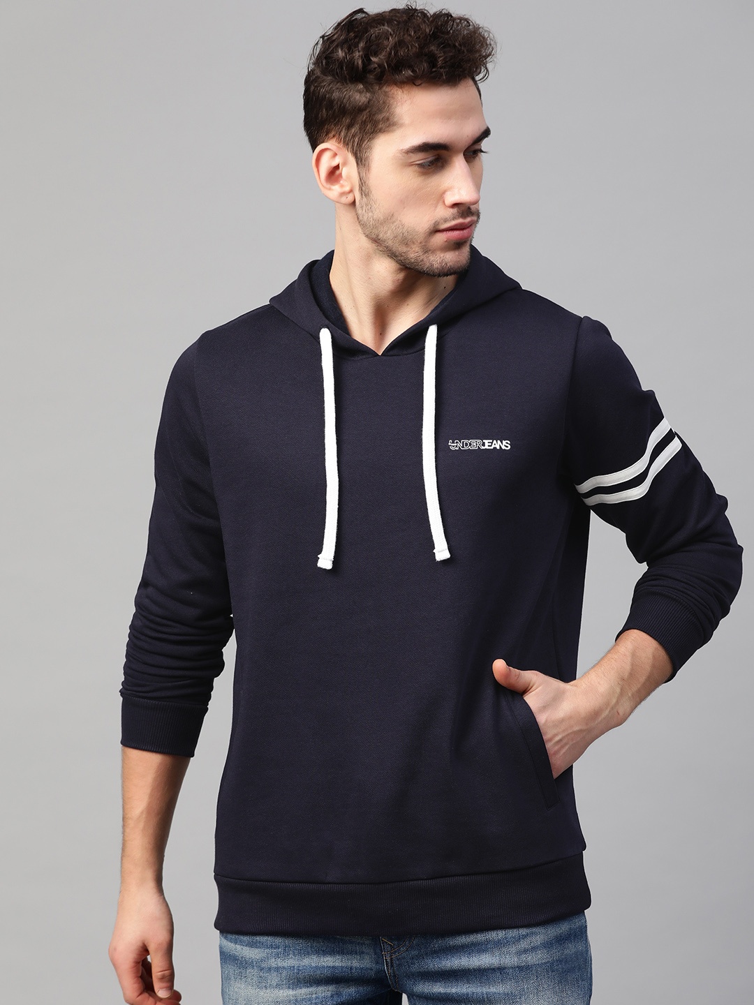 

UnderJeans by Spykar Men Navy Blue & White Solid Hooded Sweatshirt