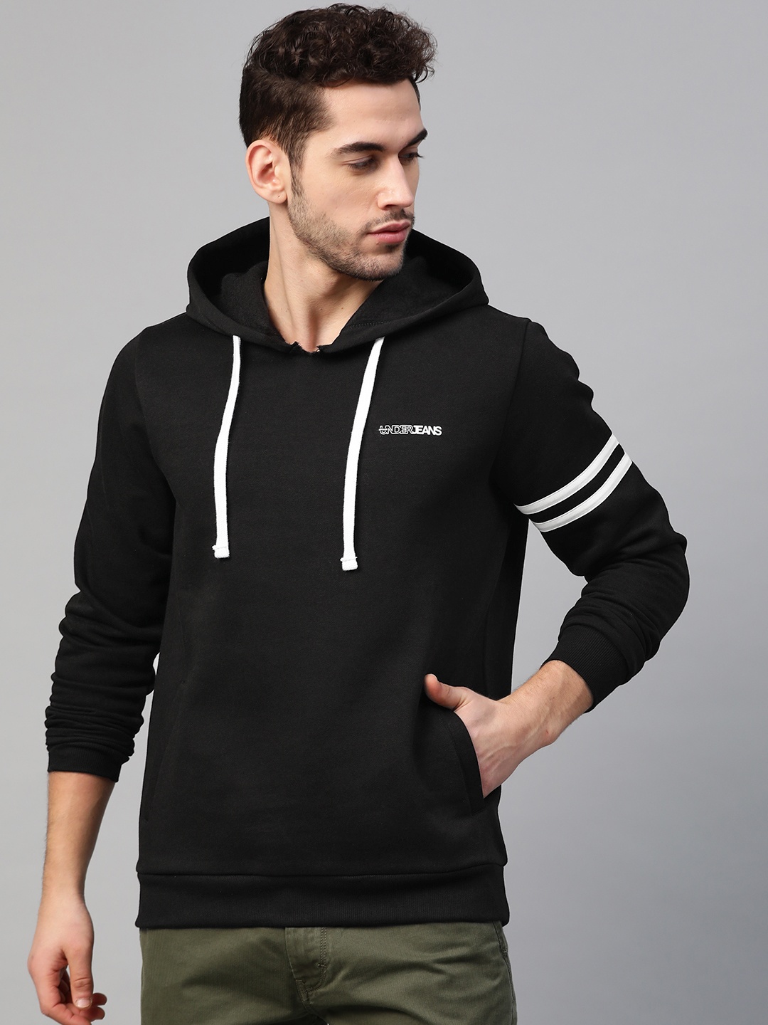 

UnderJeans by Spykar Men Black & White Solid Hooded Sweatshirt