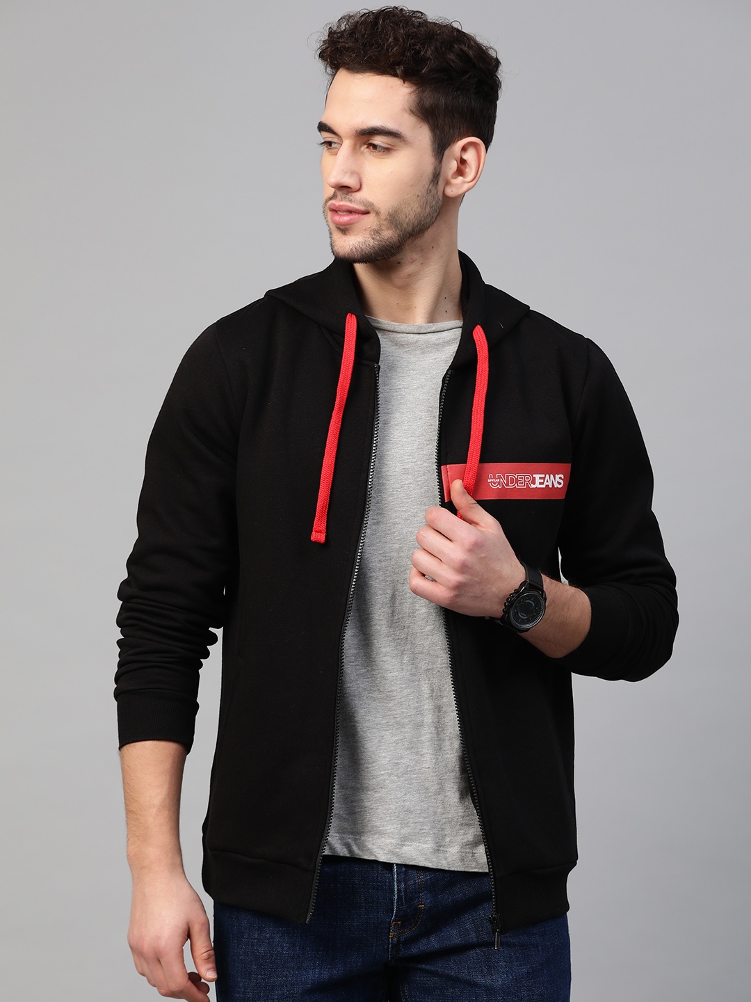 

UnderJeans by Spykar Men Black Solid Hooded Sweatshirt