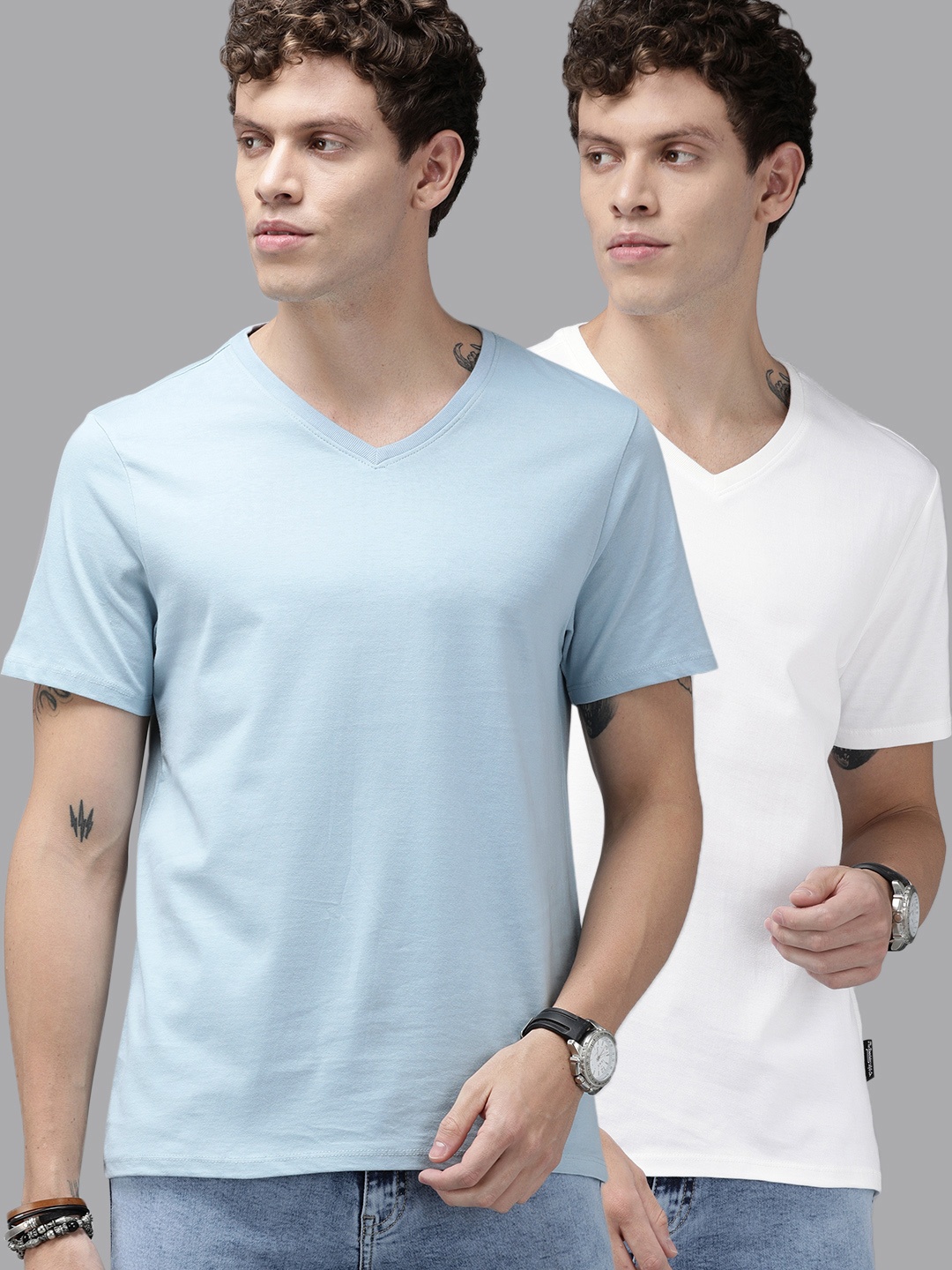 

Roadster Men Pack Of 2 Solid V-Neck Pure Cotton T-shirt, Blue