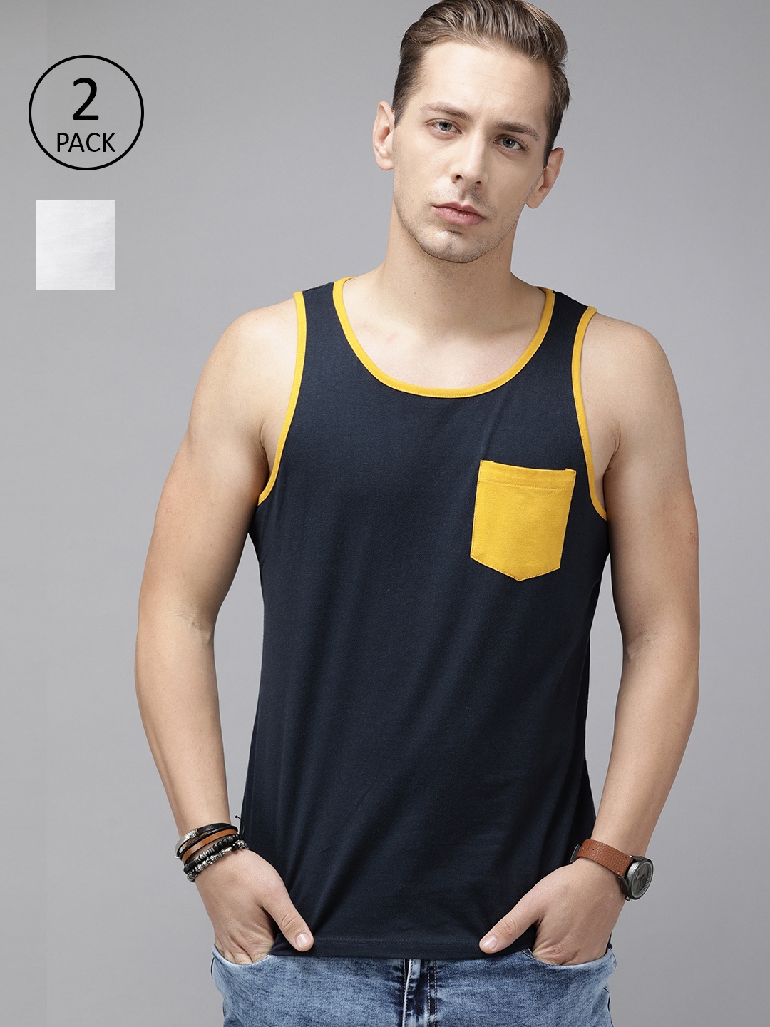 

Roadster Men Pack of 2 Navy Blue Solid Scoop Neck T-shirt