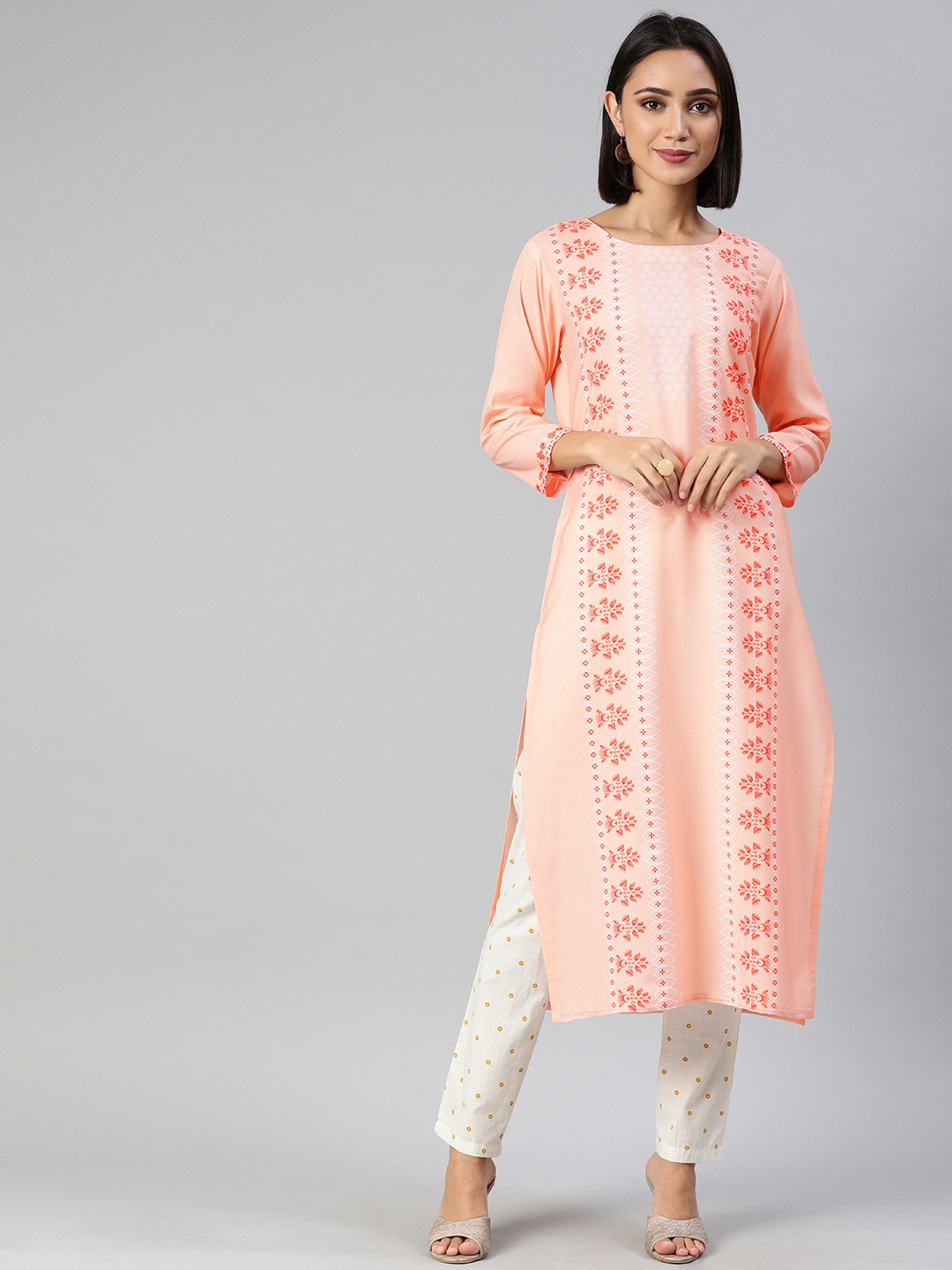 

AHIKA Women Orange & White Printed Straight Kurta