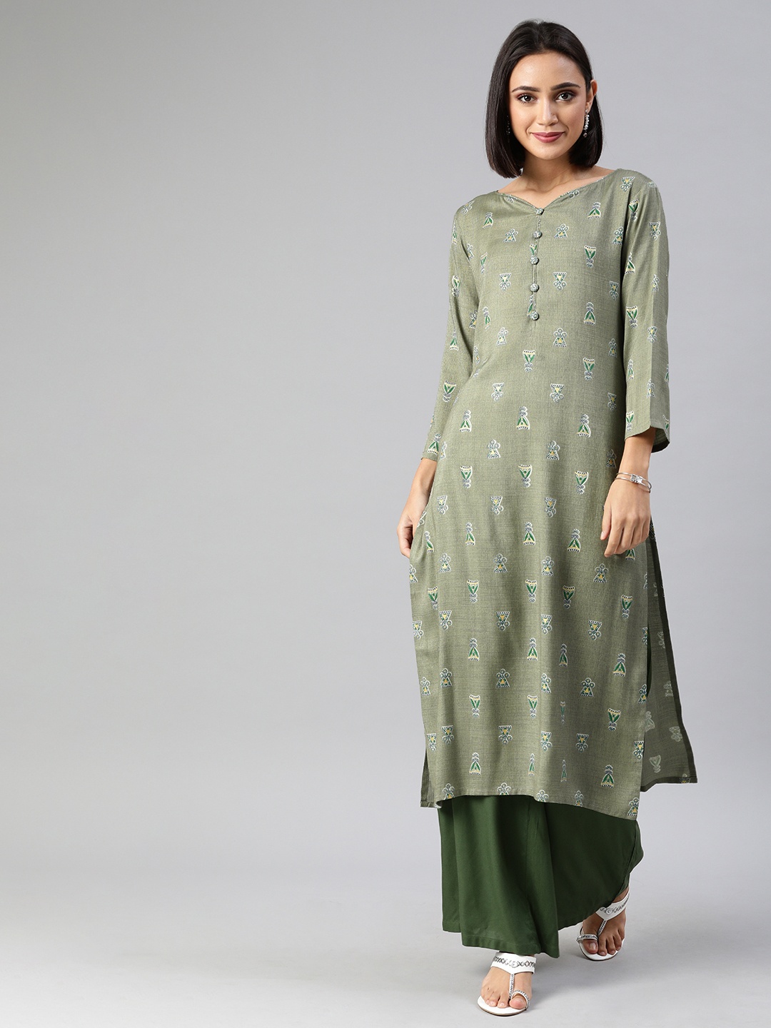 

AHIKA Women Grey & Teal Green Printed Straight Kurta