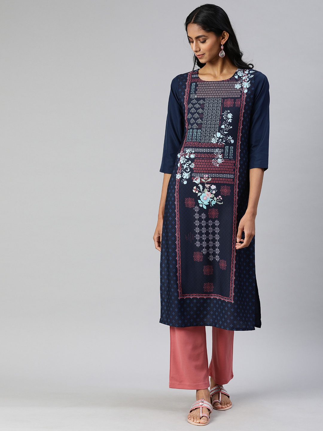 

AHIKA Women Navy Blue & Red Printed A-Line Kurta