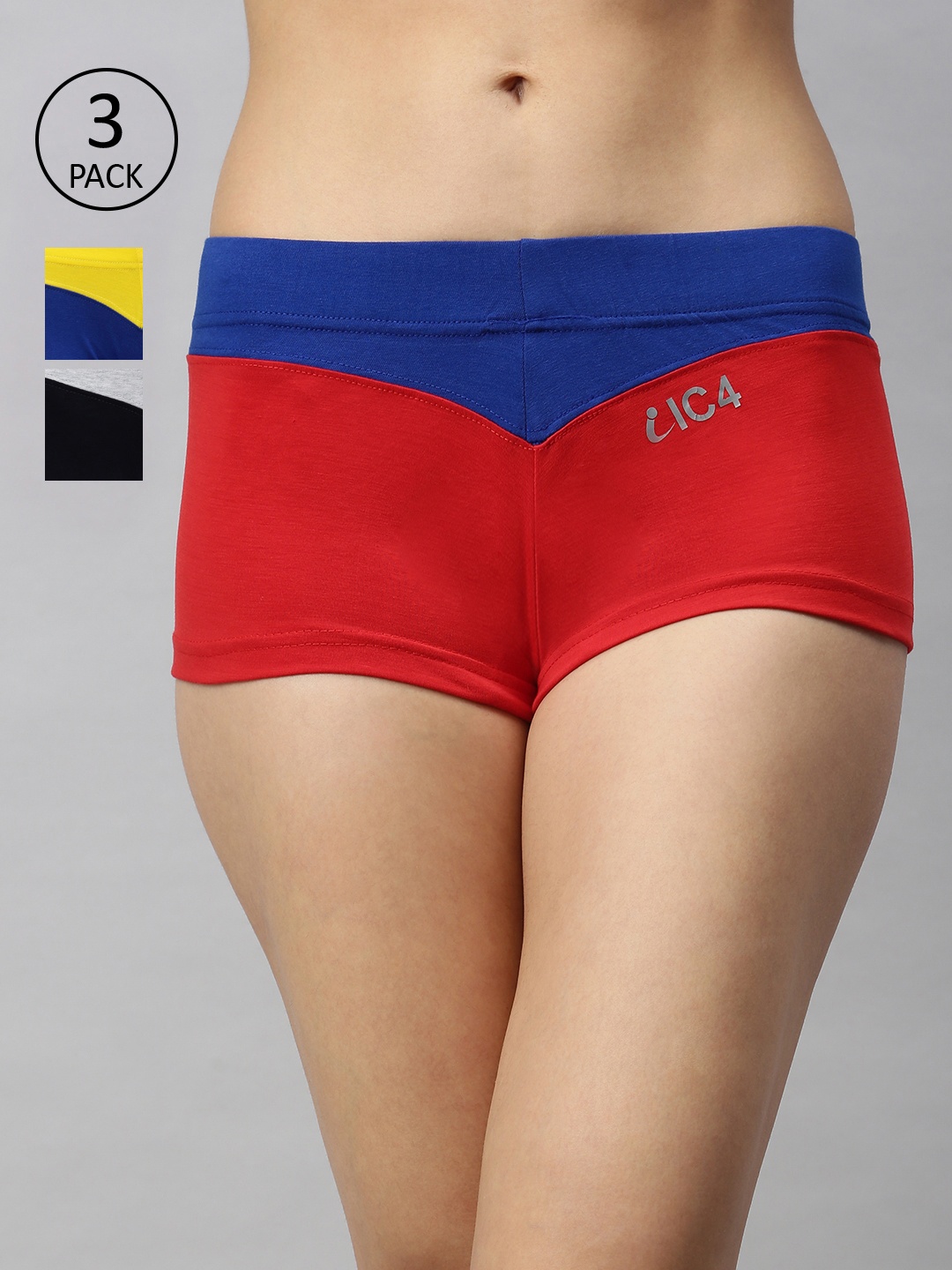 

IC4 Women Pack Of 3 Mid-Rise Colourblocked Boyshort Briefs 0RBR-GN-YRB-1008P3, Red