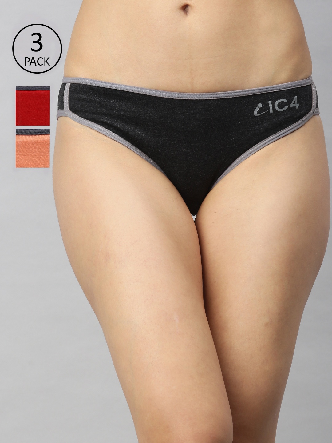 

IC4 Women Pack Of 3 Mid-Rise Printed Bikini Briefs 0COR1003P3, Charcoal