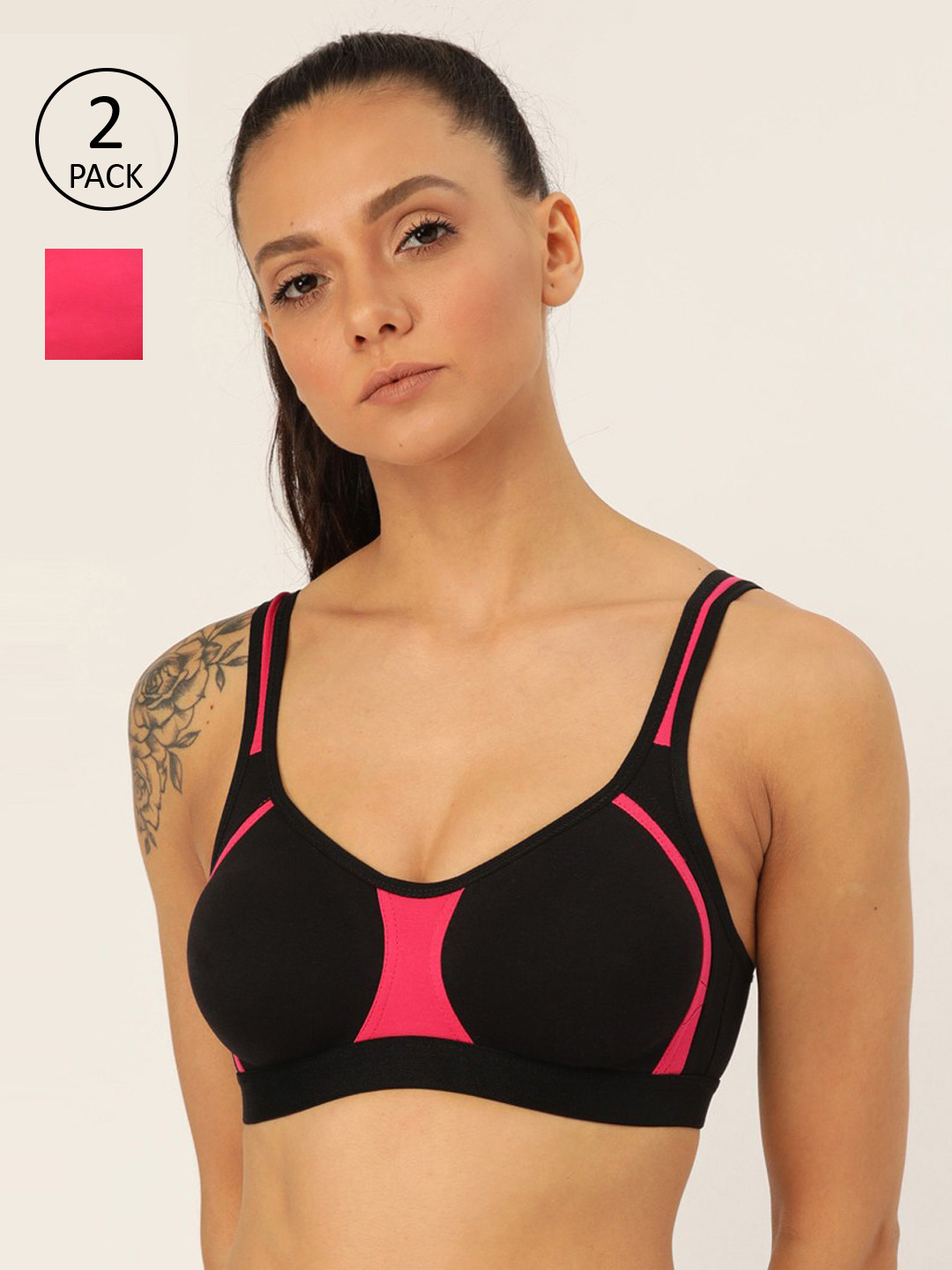 

Lady Lyka Pack of 2 Colourblocked Non-Wired Non Padded Workout Bras, Black