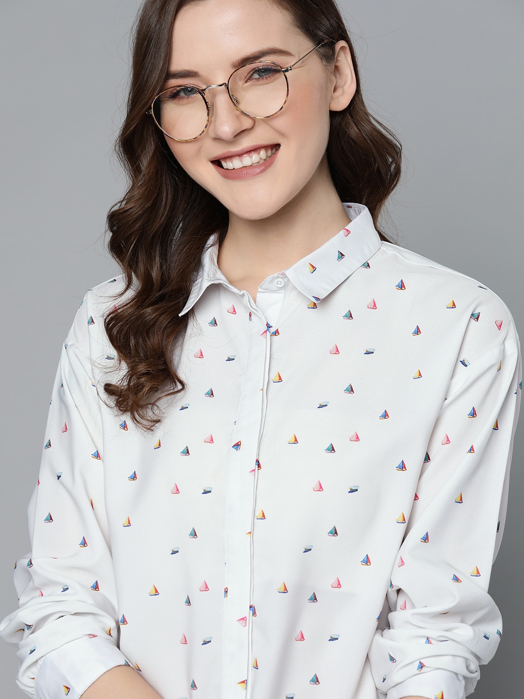 

Mast & Harbour Women White & Blue Regular Fit Printed Casual Shirt