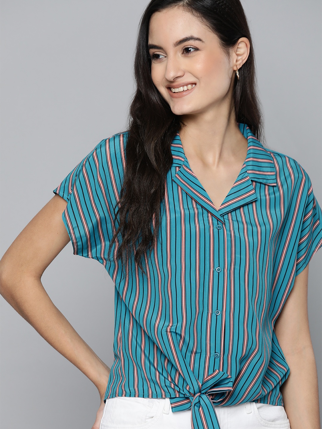 

Mast & Harbour Women Blue & Red Regular Fit Striped Casual Shirt