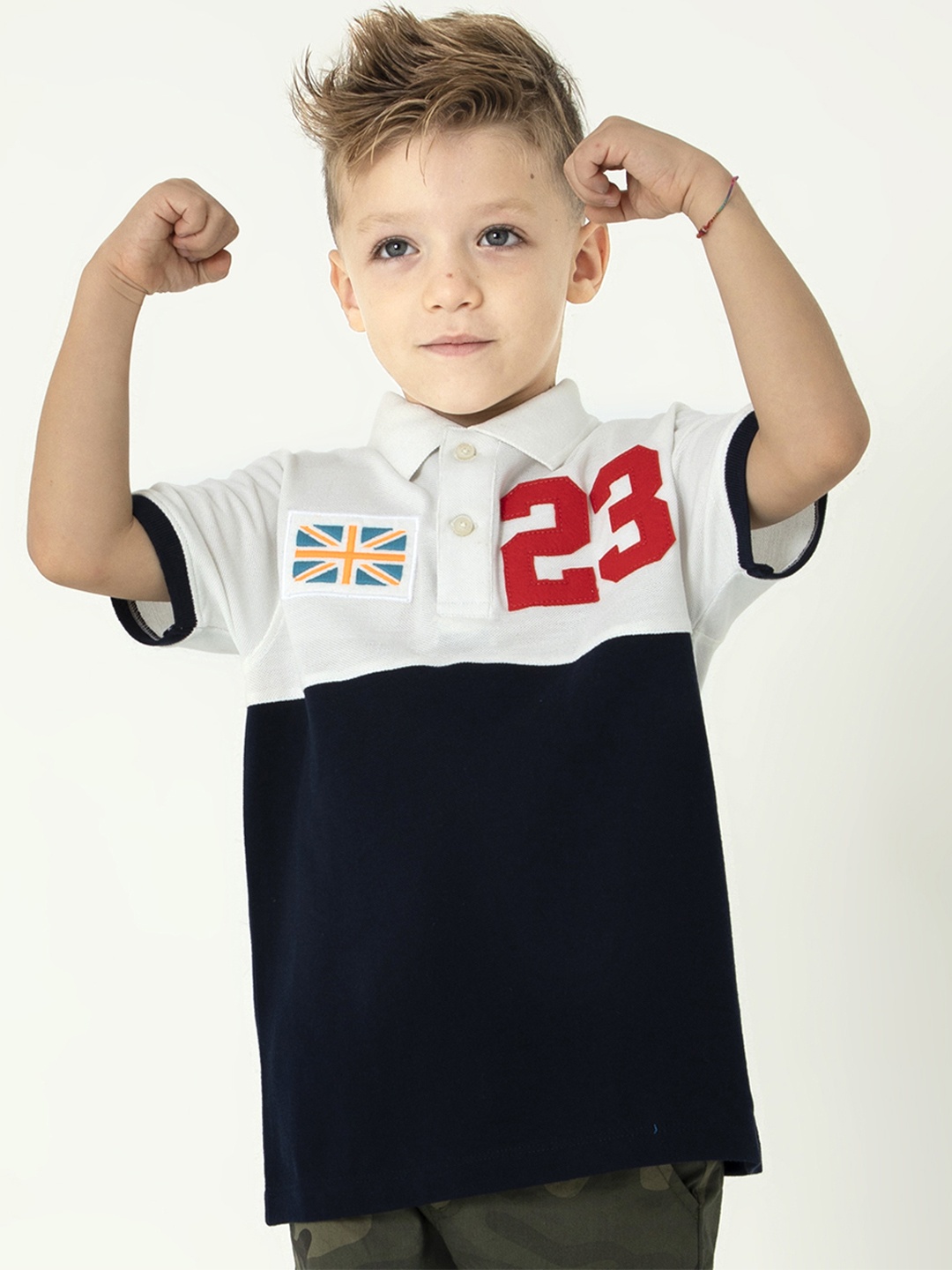 

Cherry Crumble Boys Navy Blue & White Colourblocked Polo Collar T-shirt