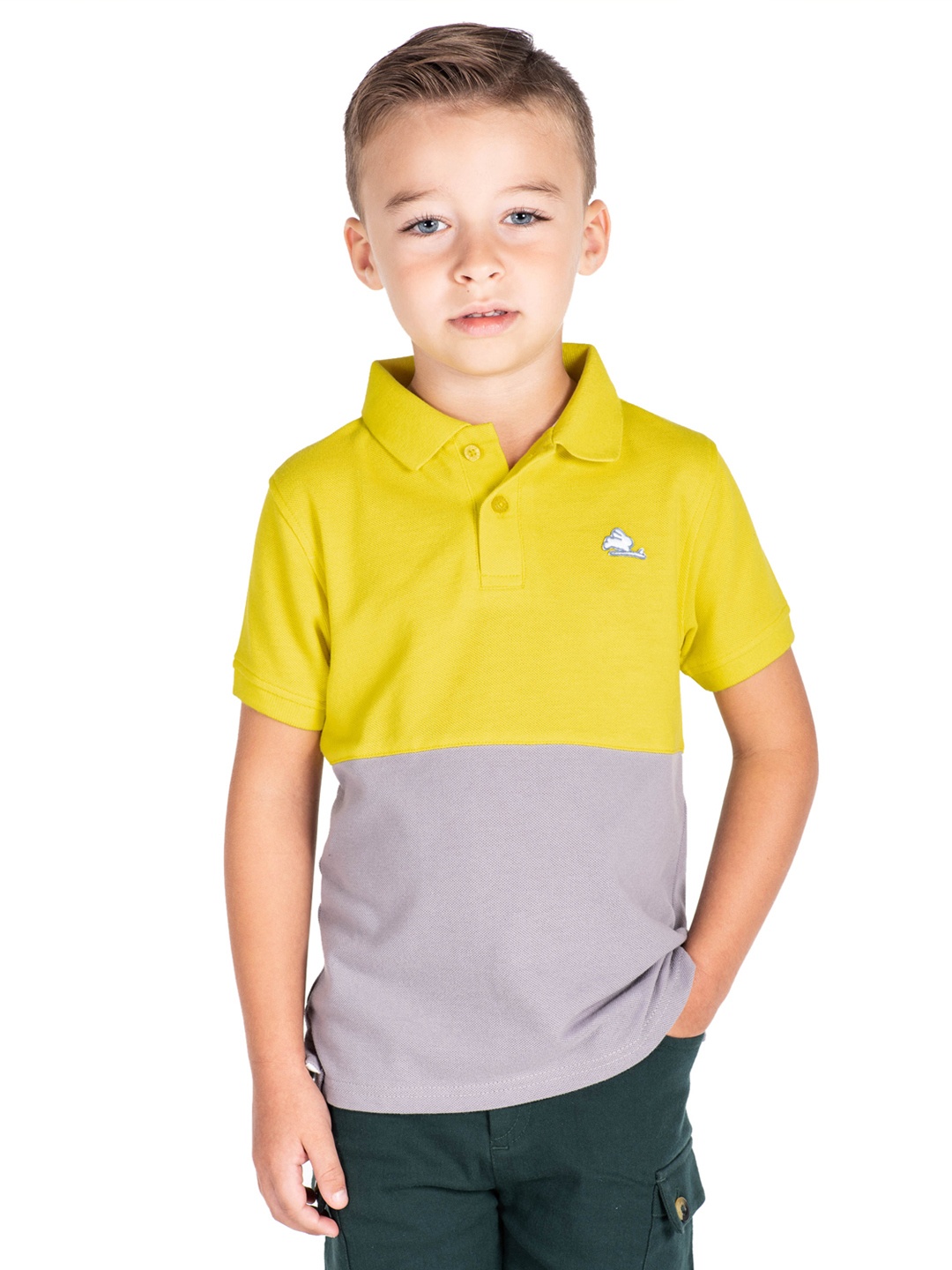 

Cherry Crumble Boys Lime Green & Grey Colourblocked Polo Collar T-shirt