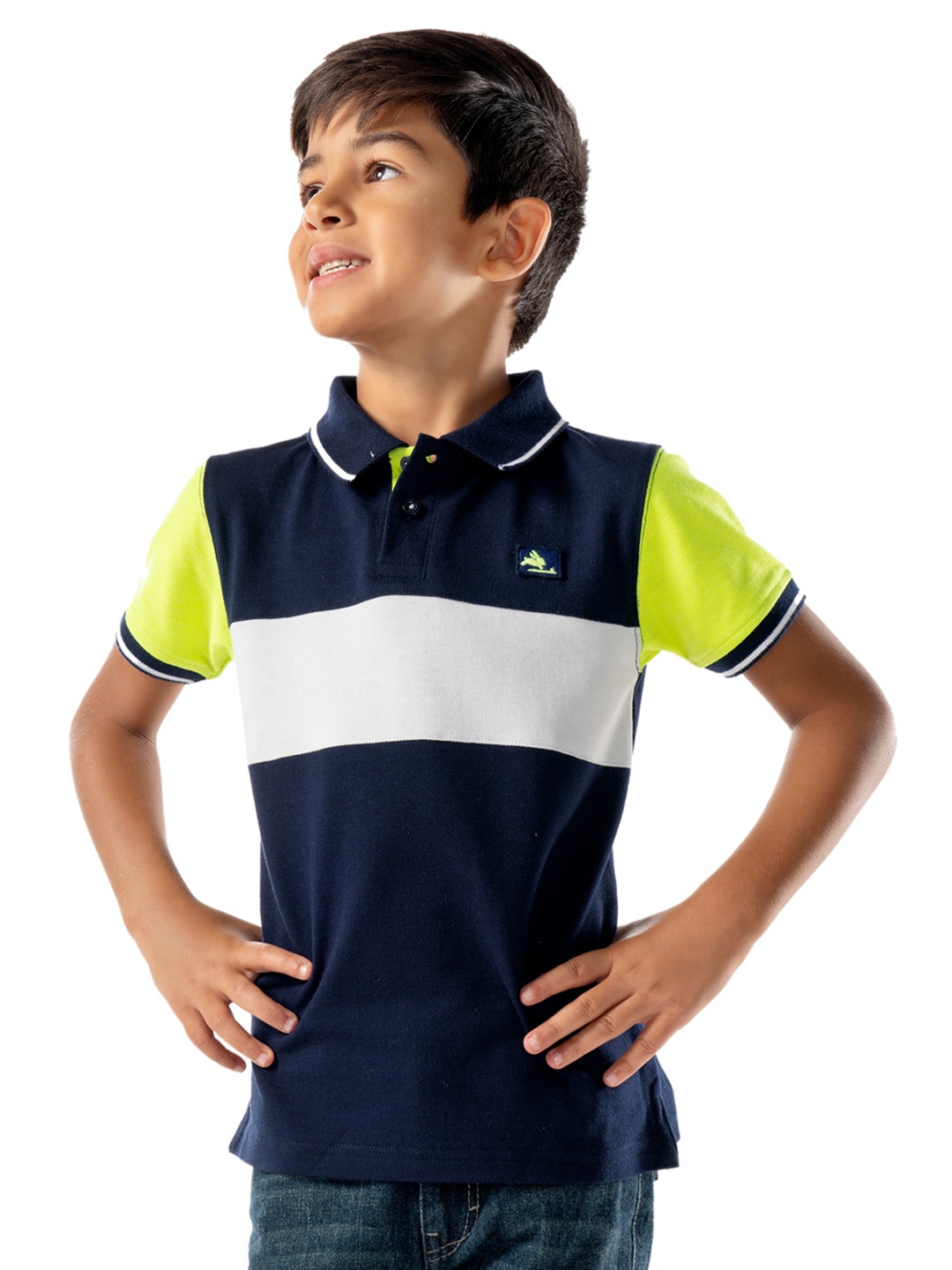 

Cherry Crumble Boys Navy Blue & Green Colourblocked Polo Collar T-shirt